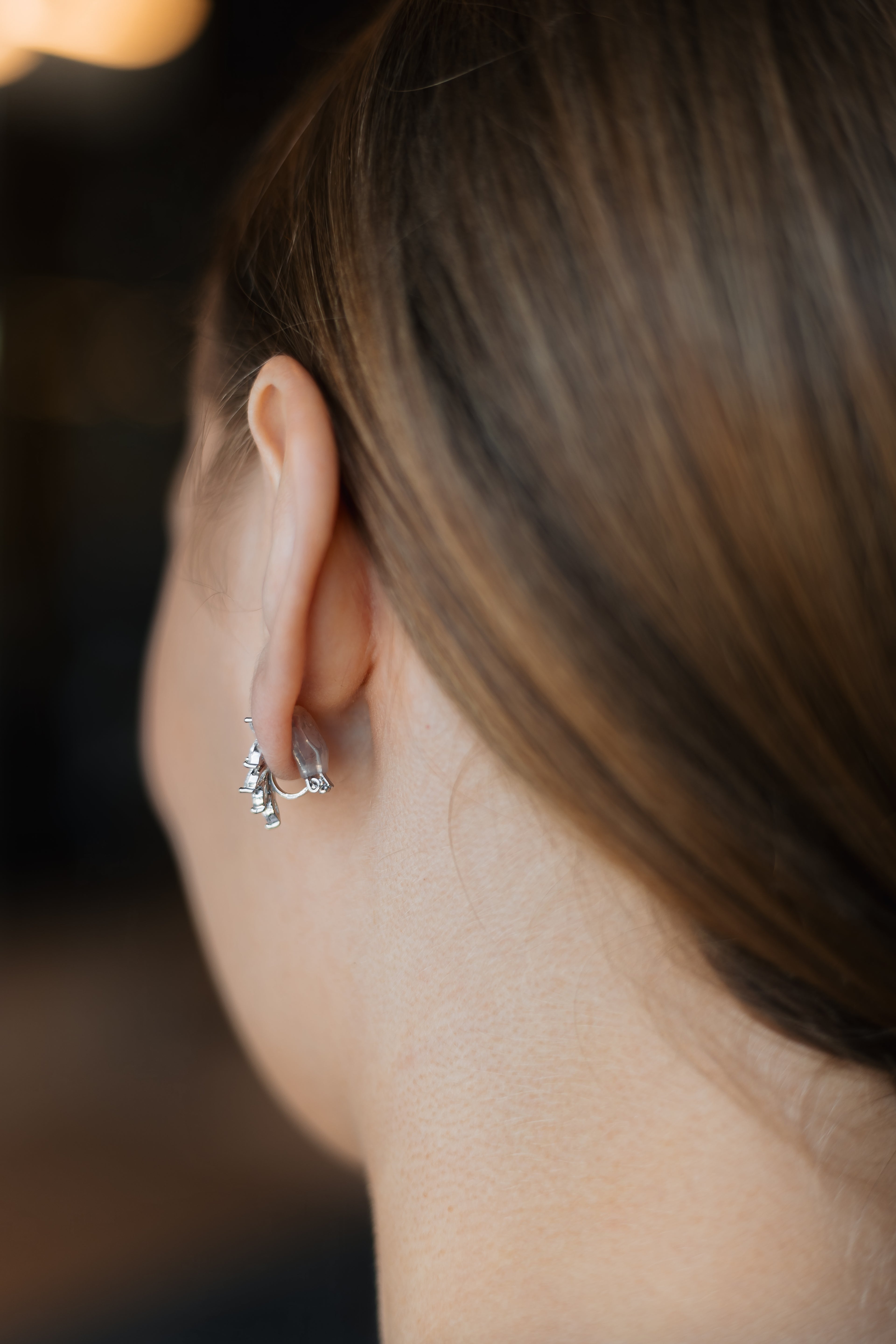 Elegant Leaf CZ Clip-On Earrings Rhodium Plated