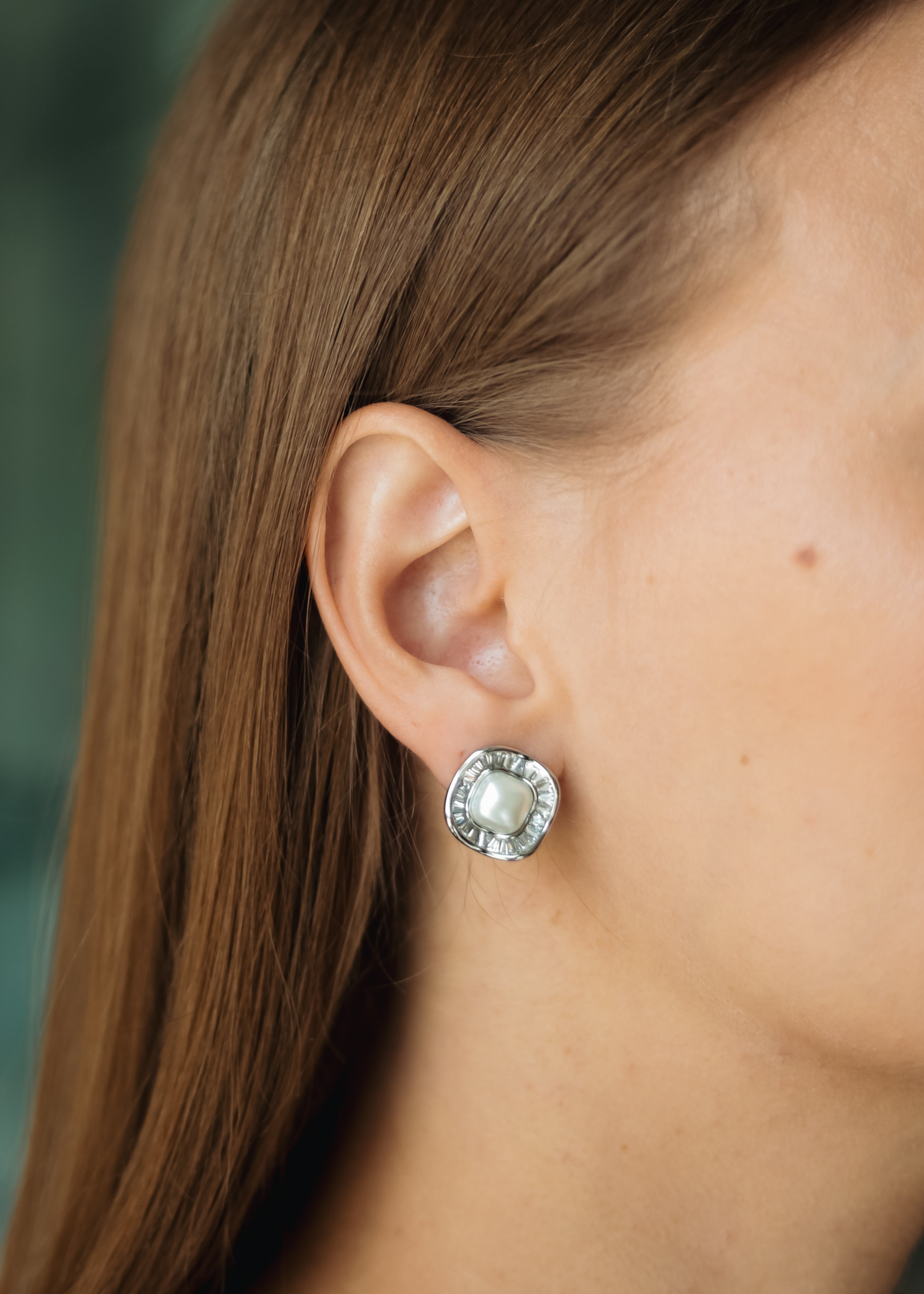Rhodium Plated Pearl & CZ Stud Earrings – 1.5 cm Square Design by Sedy Jewelry