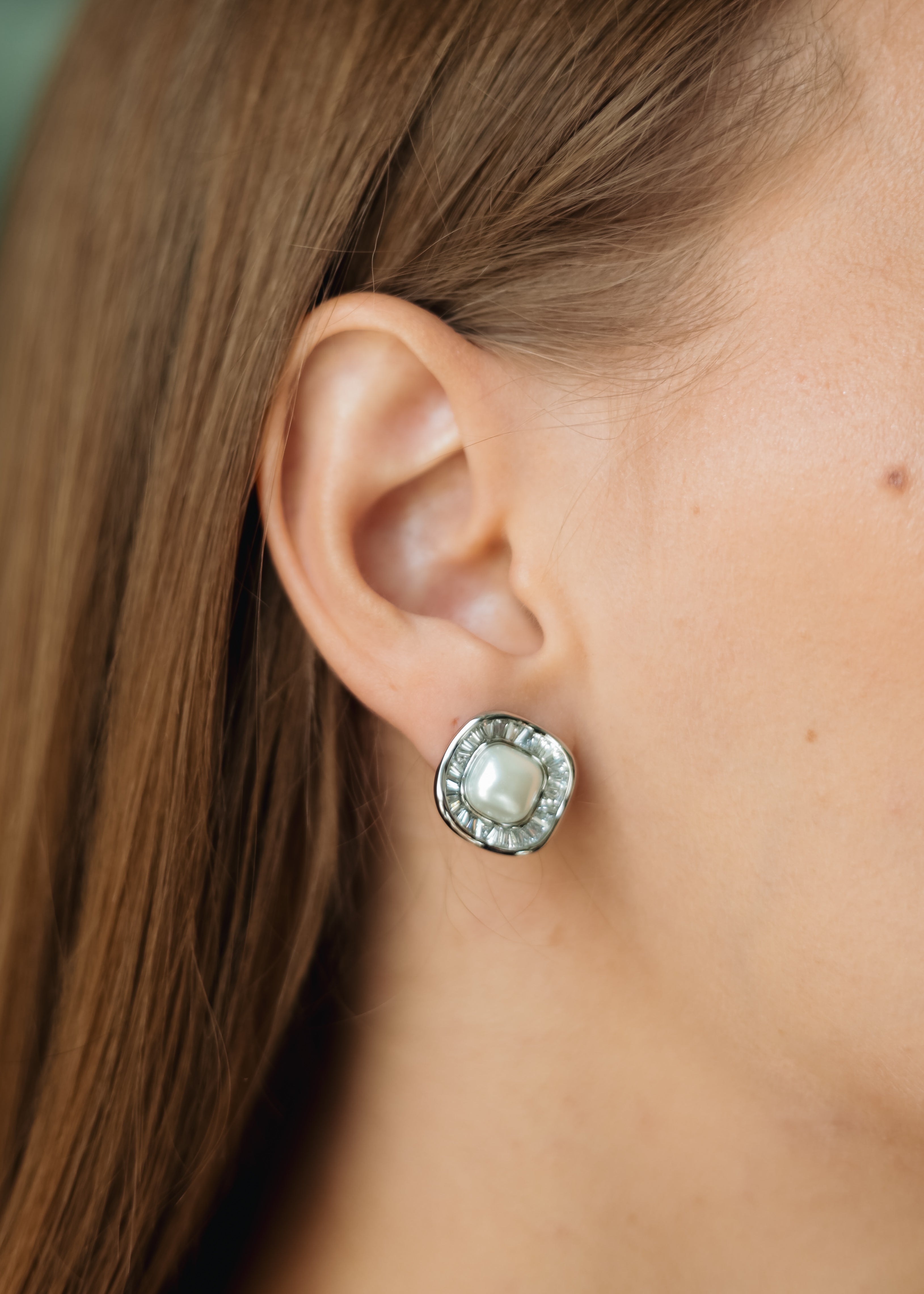Rhodium Plated Pearl & CZ Stud Earrings – 1.5 cm Square Design by Sedy Jewelry