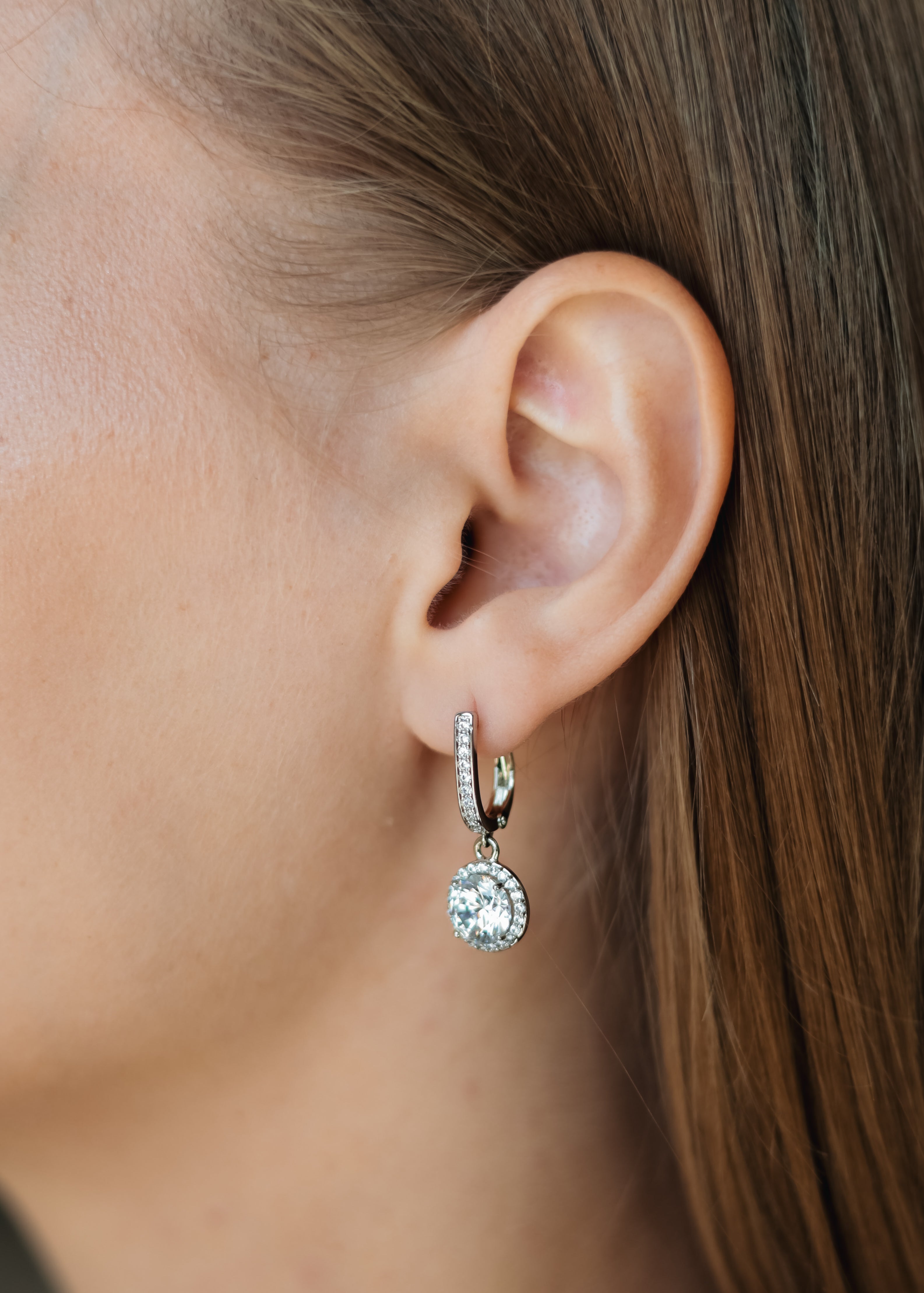 Rhodium Plated Drop Earrings with CZ – 3 cm, Elegant Design by Sedy Jewelry