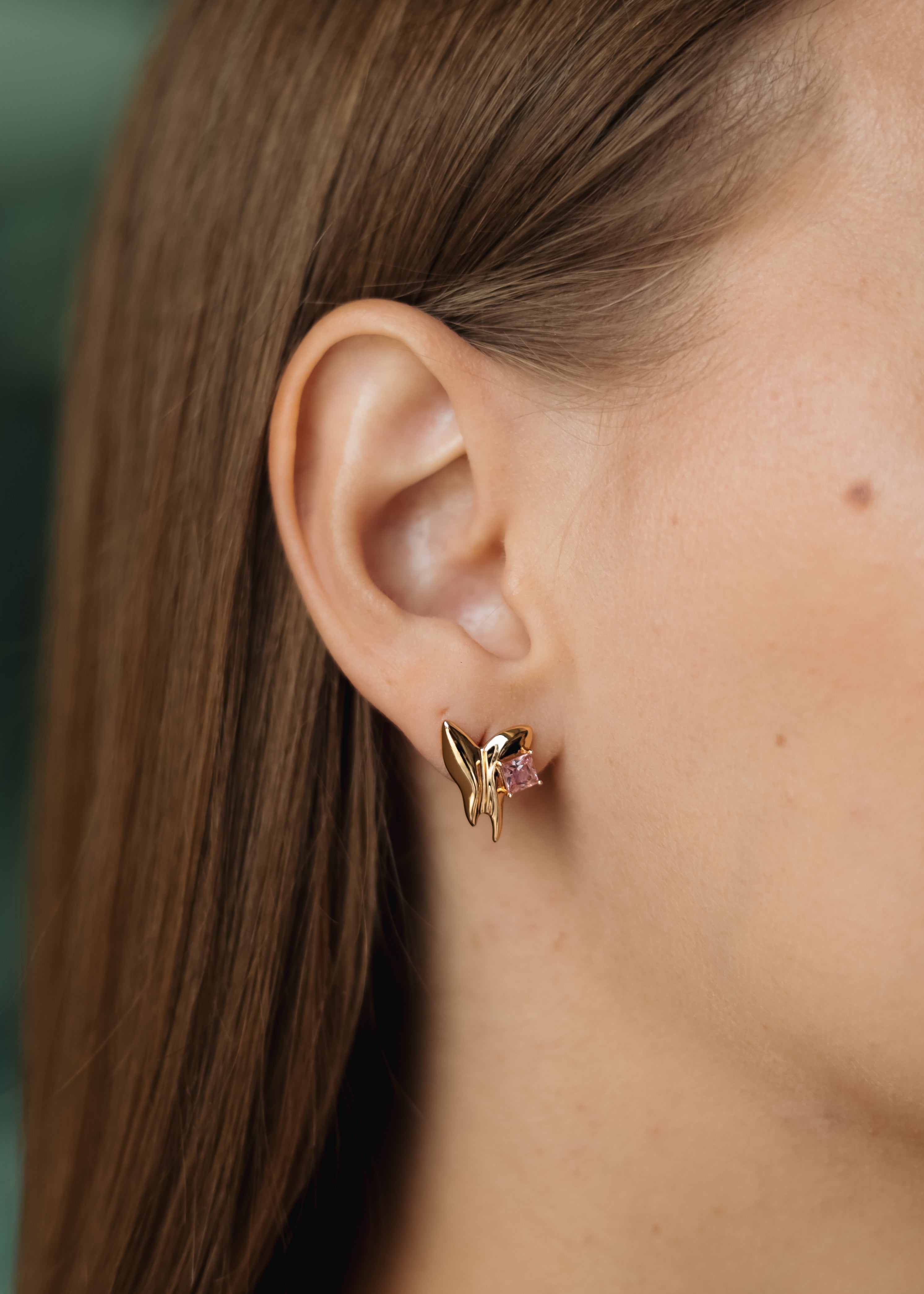 Sedy Jewelry Gold Plated Butterfly Stud Earrings with Pink CZ Stone – 1.5cm