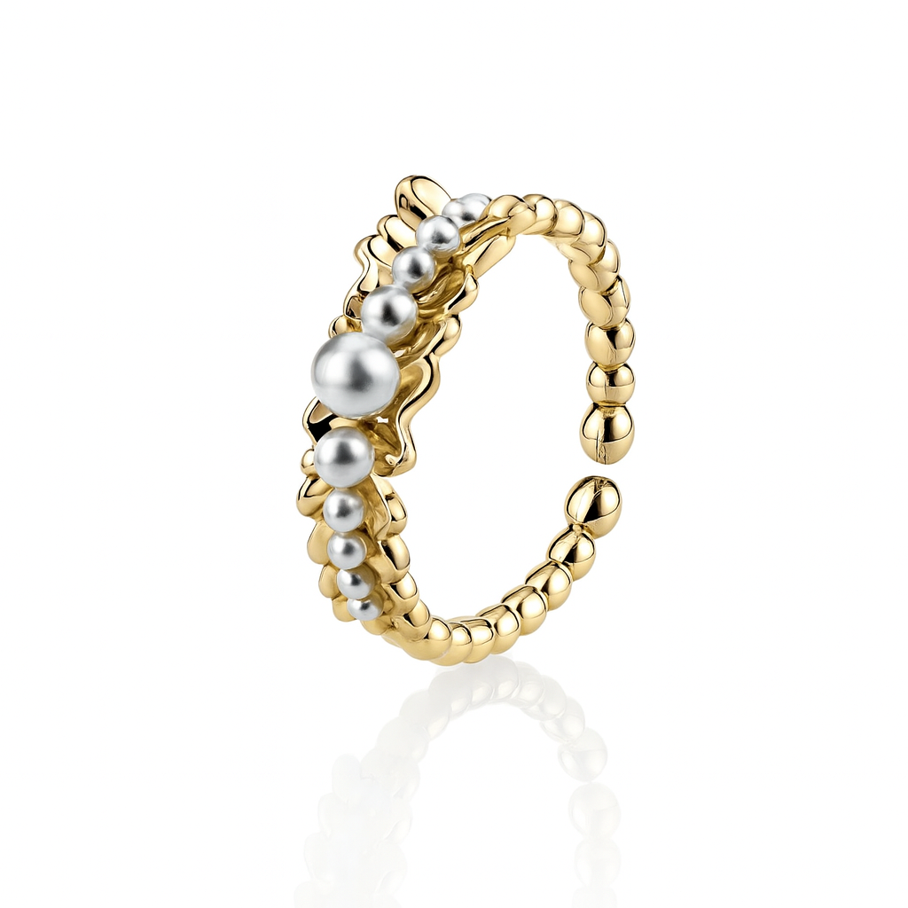 14K Gold Plated Adjustable Ring with Synthetic Pearls – Sizes 6-8