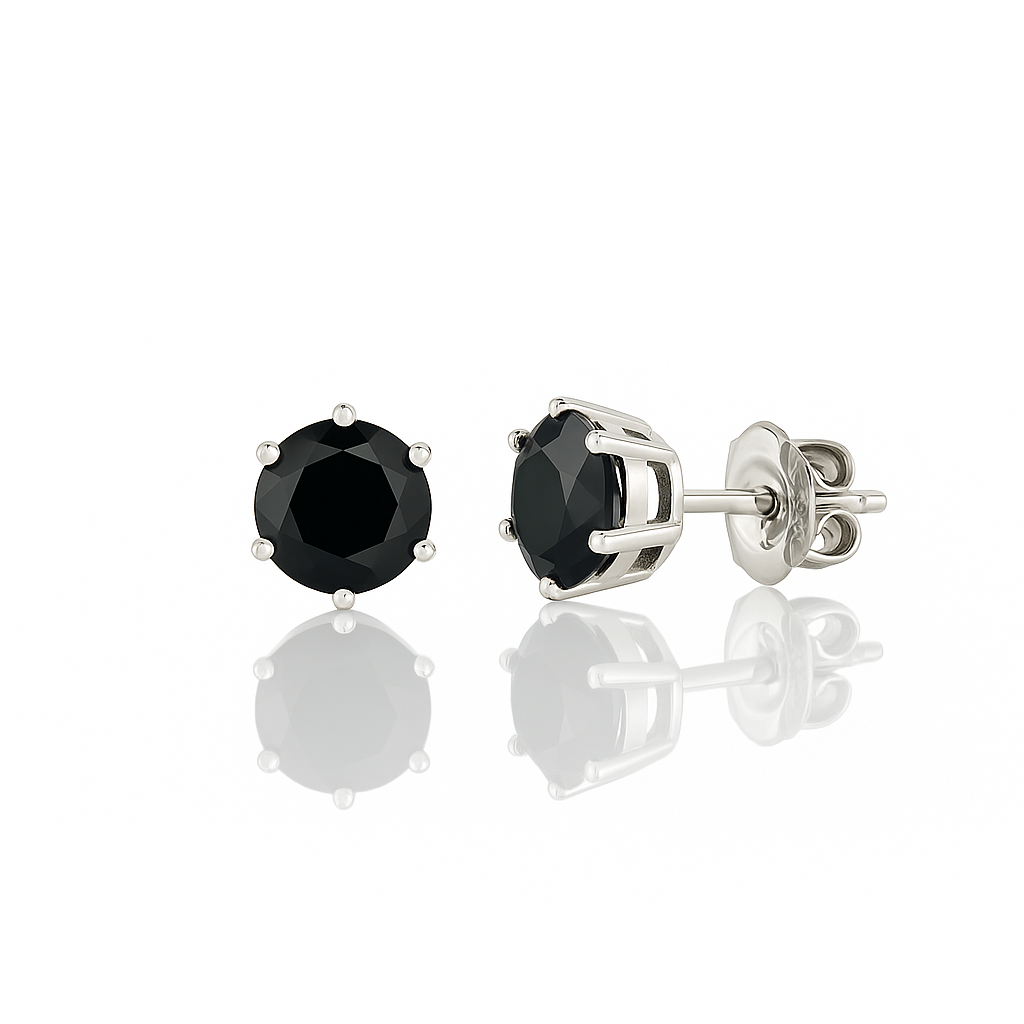 Rhodium Plated Black CZ Stud Earrings, 4mm Round, Hypoallergenic