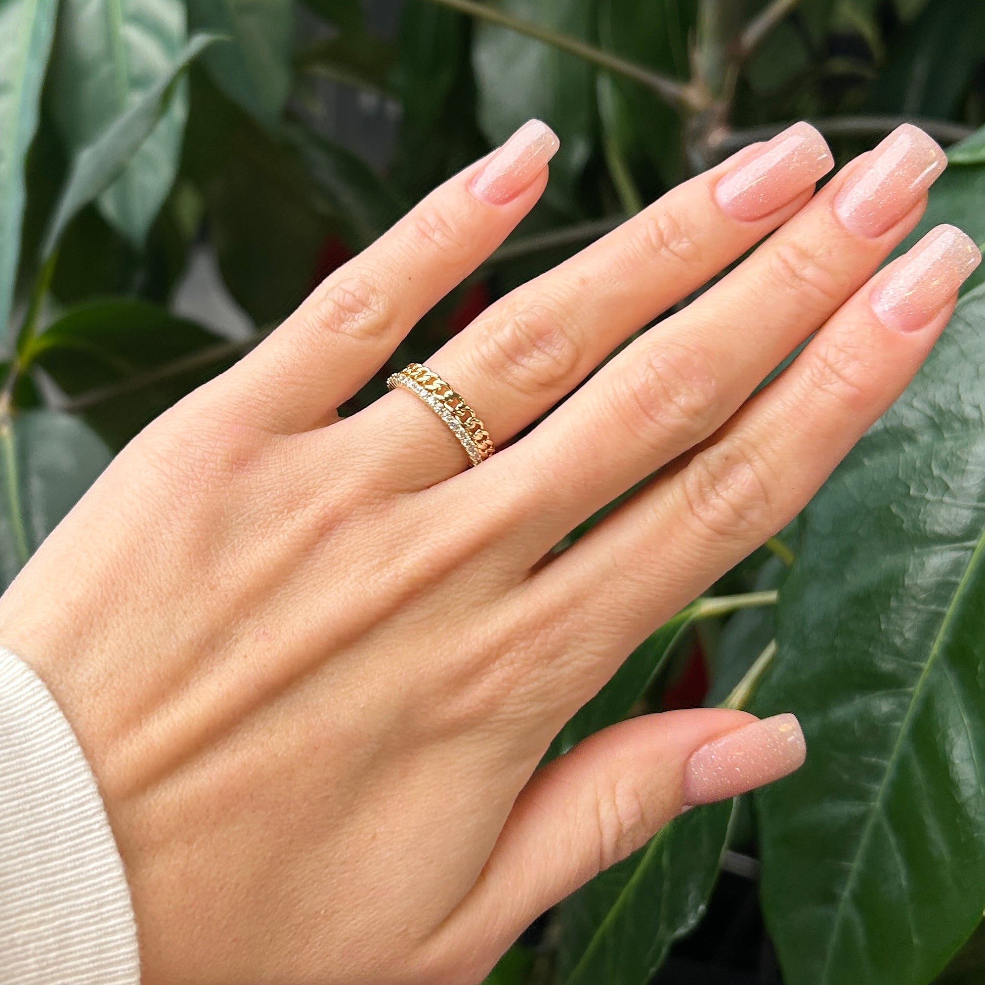 Gold Plated Chain Ring with CZ Stones, 4mm Width, Size 6/7