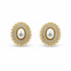 Gold Plated Oval Clip-On Earrings with Faux Pearl & CZ Accents