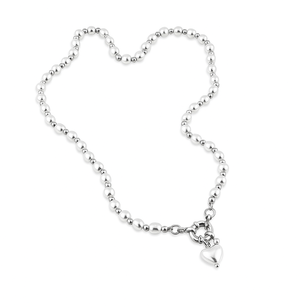 Pearl Necklace with Heart Pendant – Gold or Silver Plated