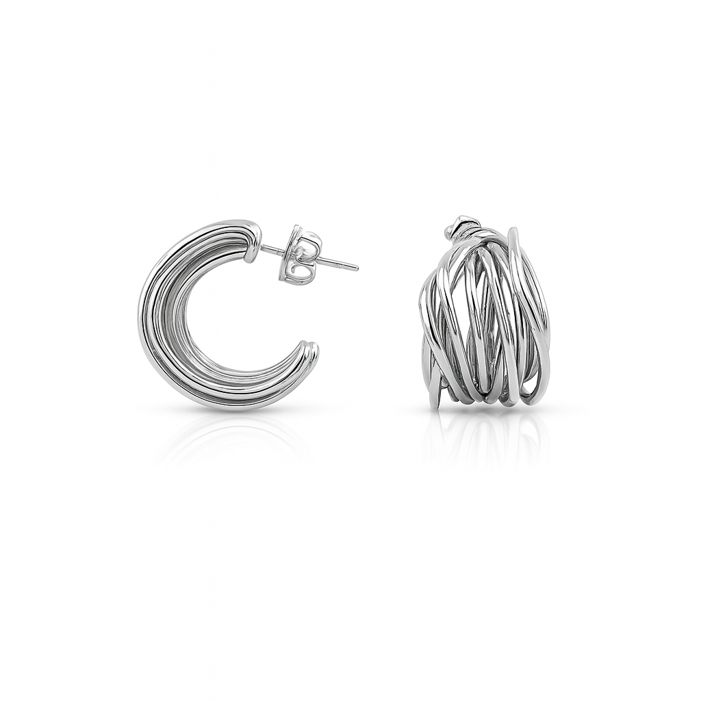 Rhodium Plated Textured Hoop Earrings with Sterling Silver Post