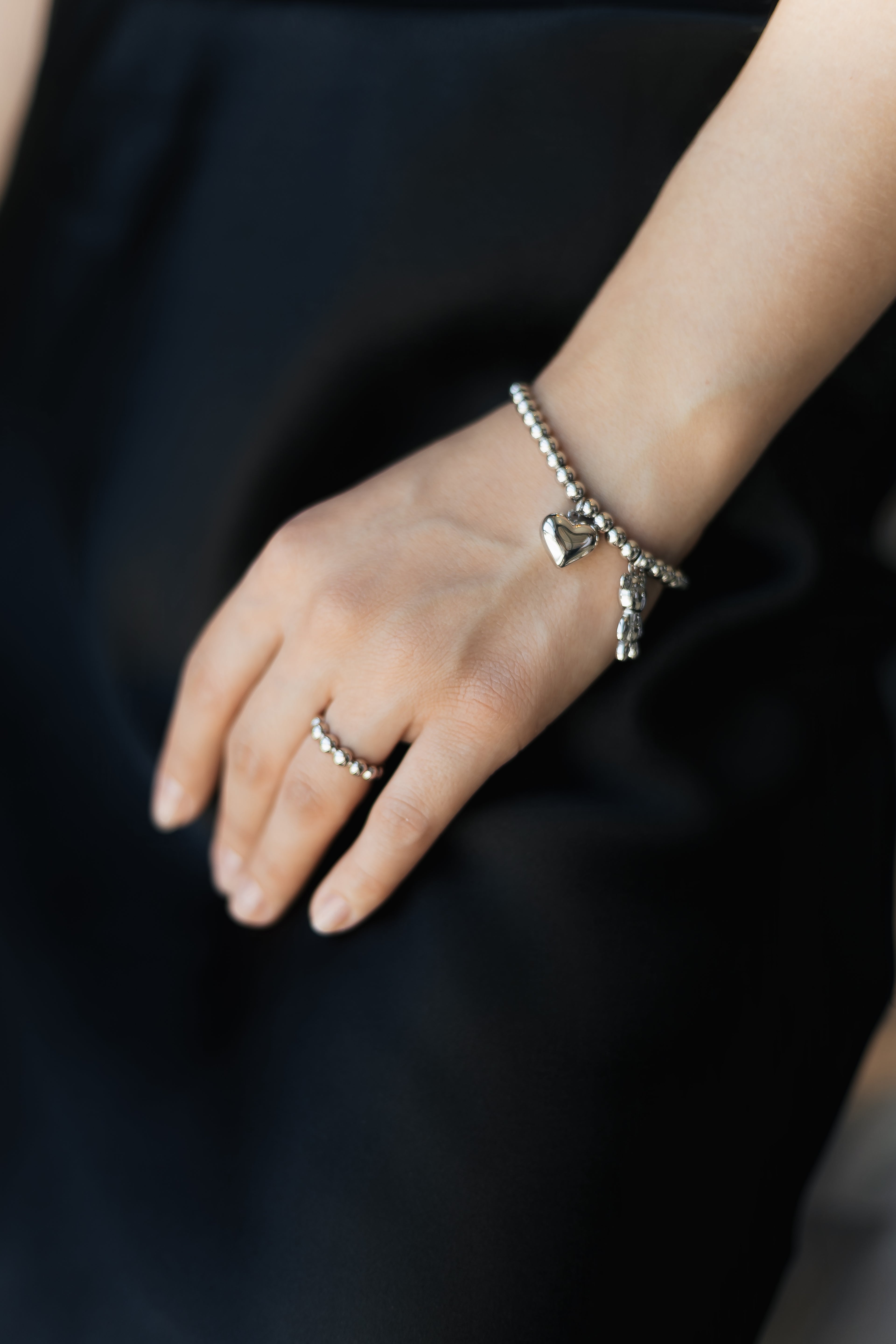 Stainless Steel Beaded Bracelet with Heart and Teddy Bear Charms