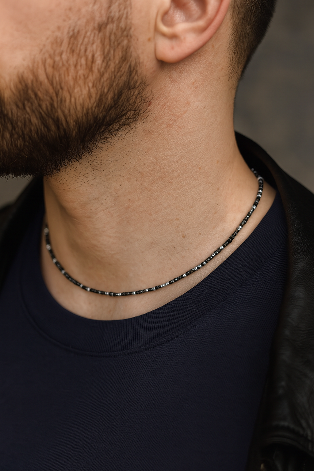 Unisex Black Beaded Necklace, Stainless Steel Clasp, 40+5cm