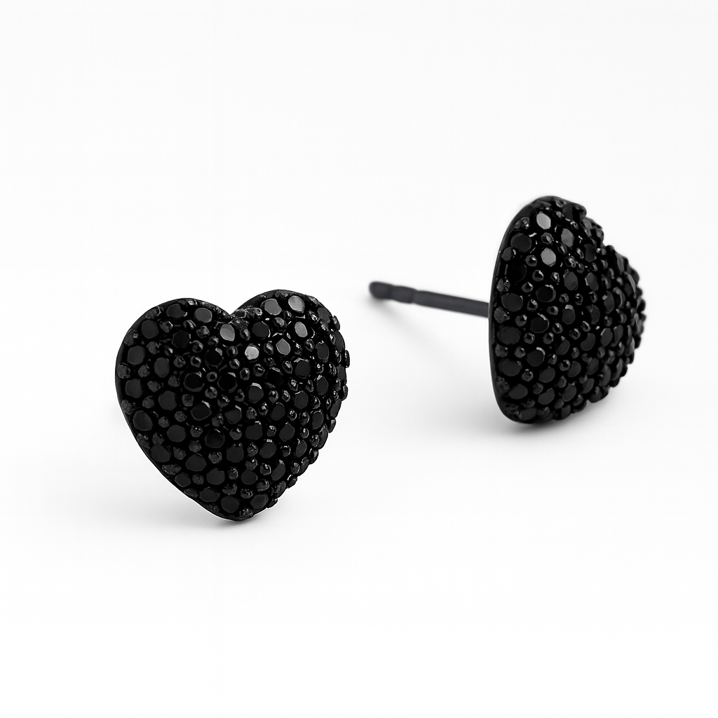 Black Heart Stud Earrings, 1cm (0.39”), Black Crystal Pave, Rhodium Plated