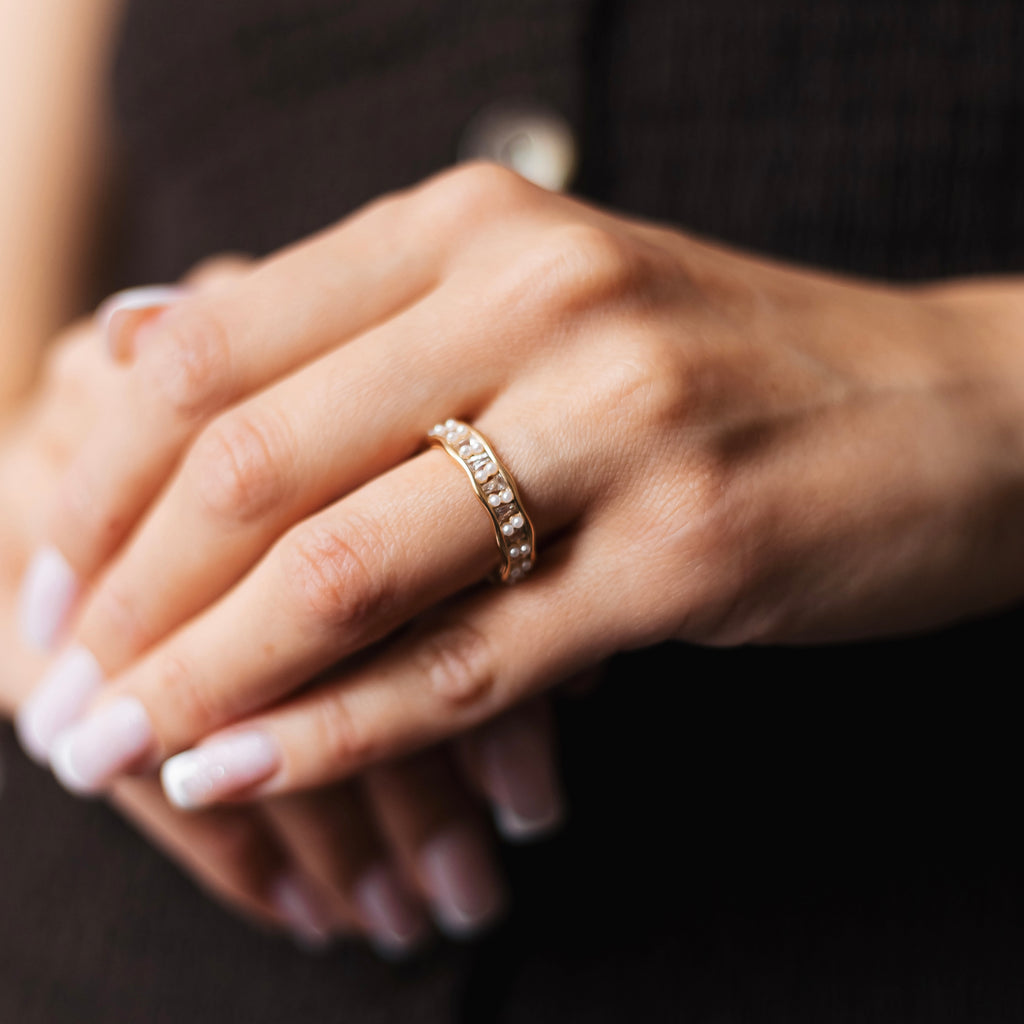Gold Plated Adjustable Ring with Pearls and Cubic Zirconia