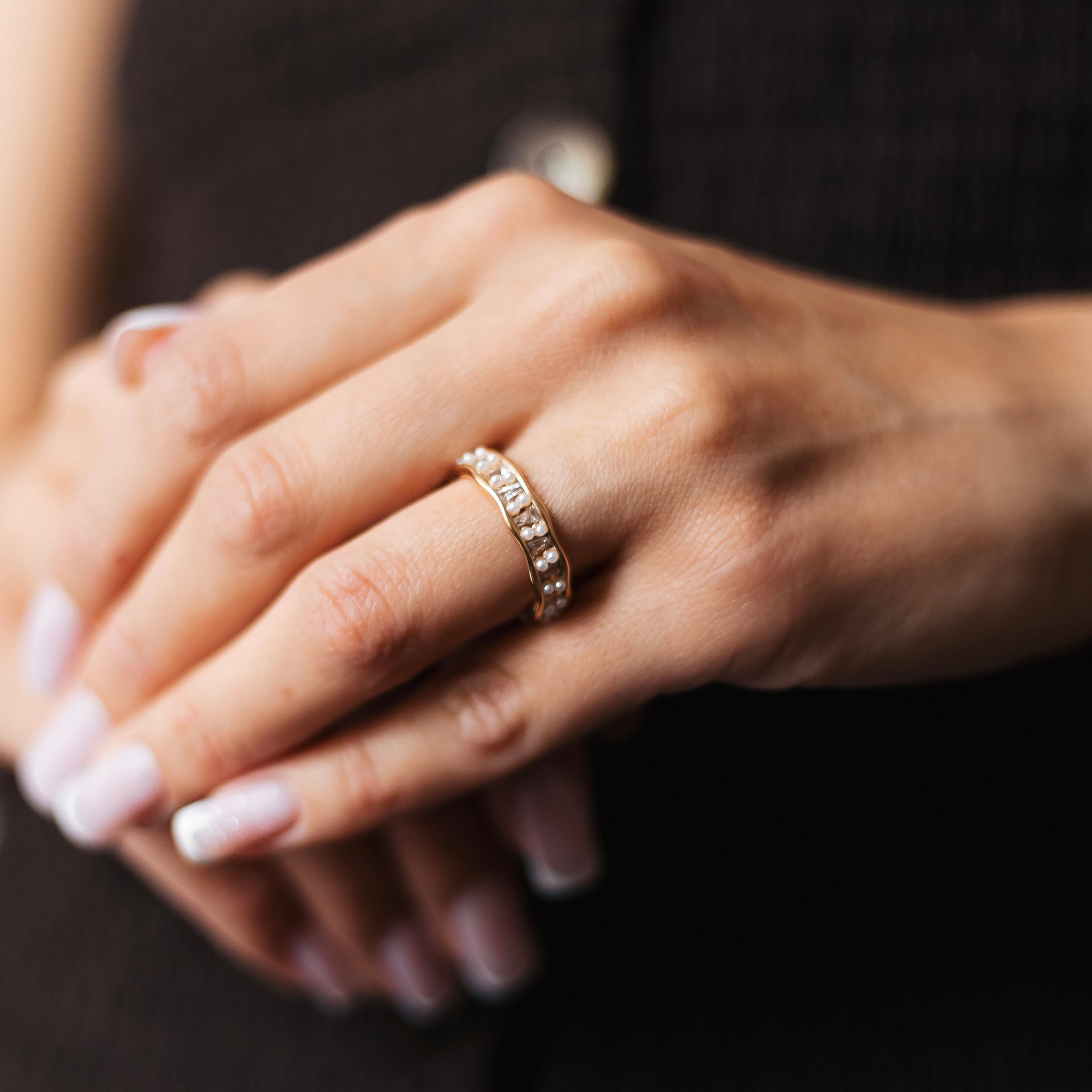 Gold Plated Adjustable Ring with Pearls and Cubic Zirconia
