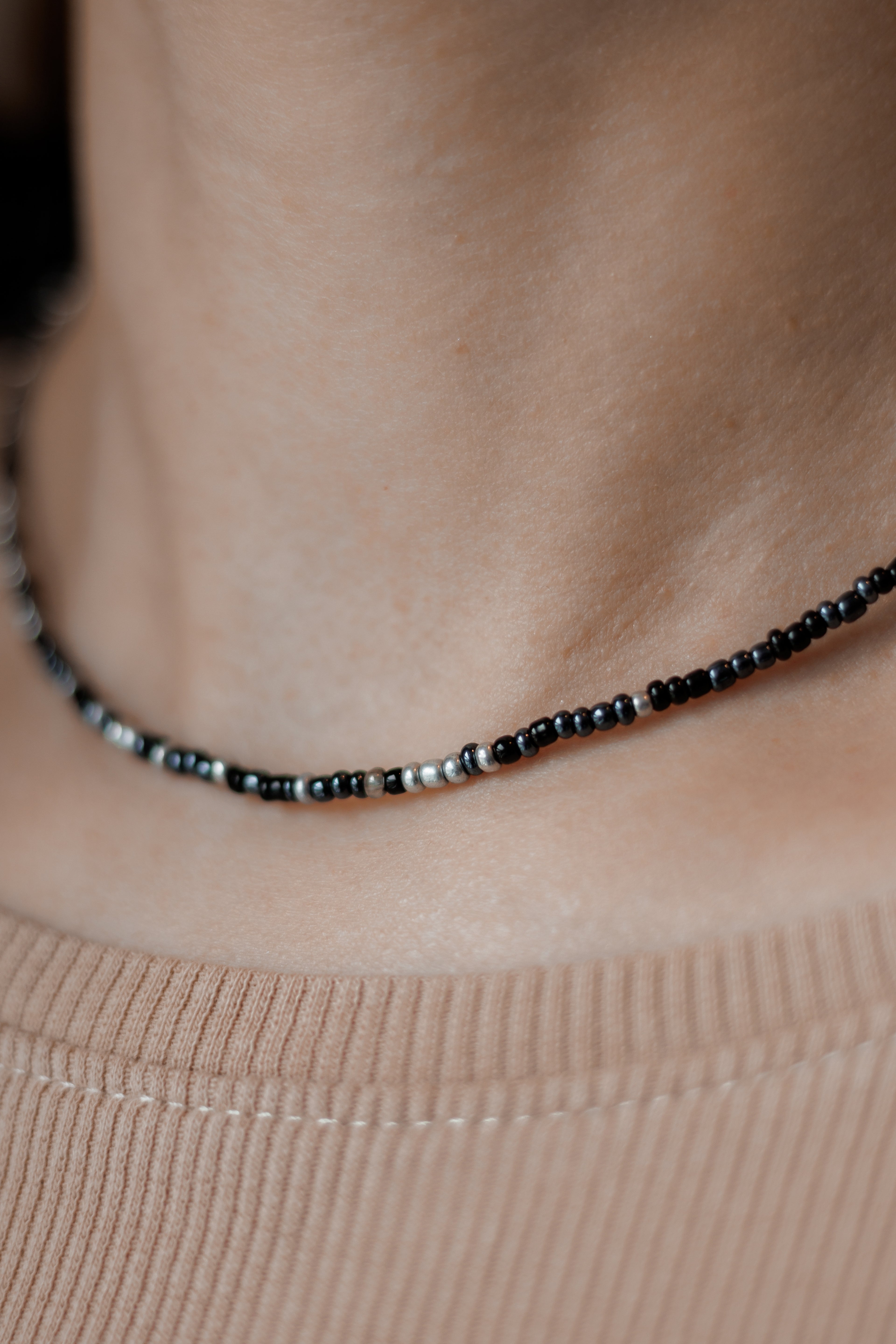 Unisex Black Beaded Necklace, Stainless Steel Clasp, 40+5cm