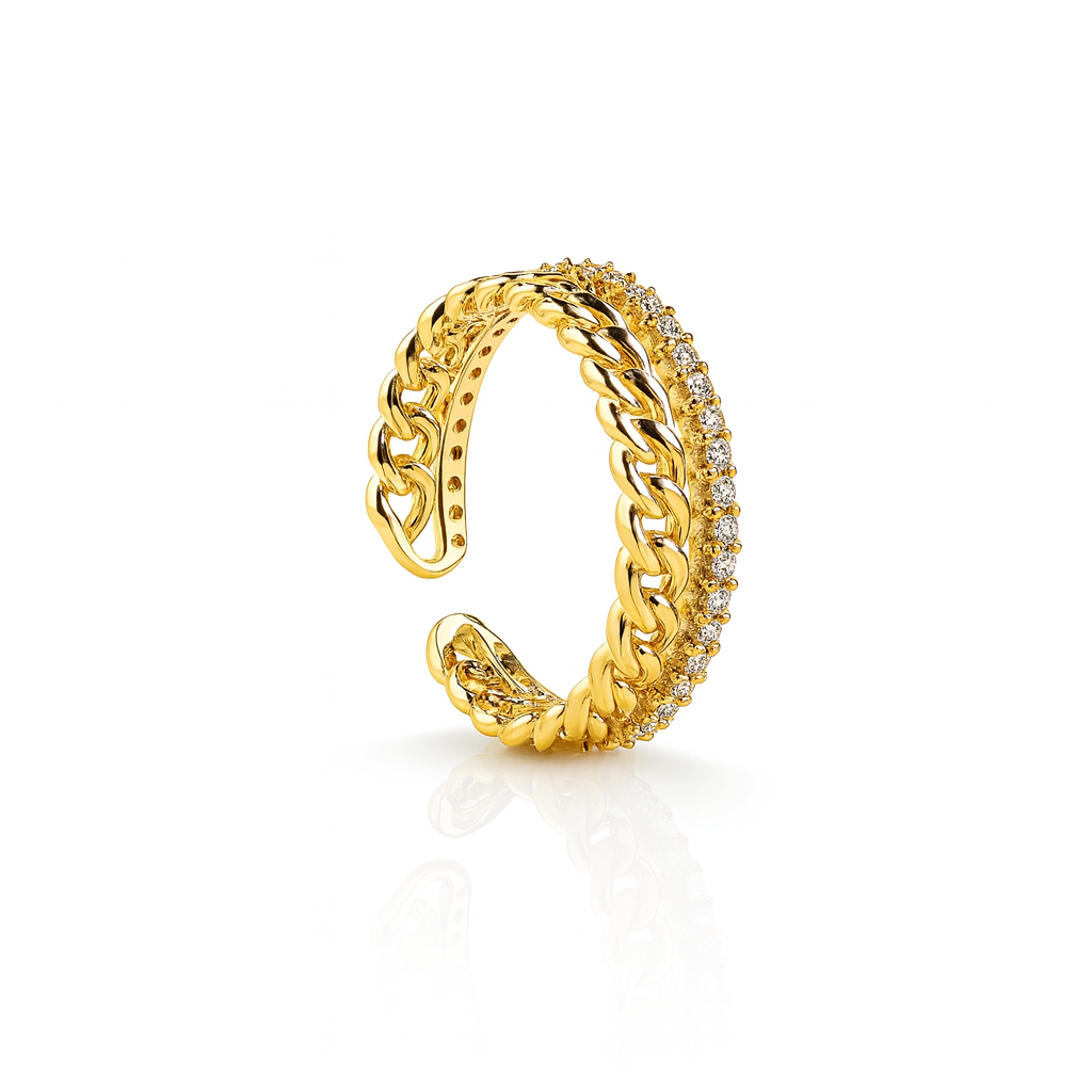 Gold Plated Chain Ring with CZ Stones, 4mm Width, Size 6/7