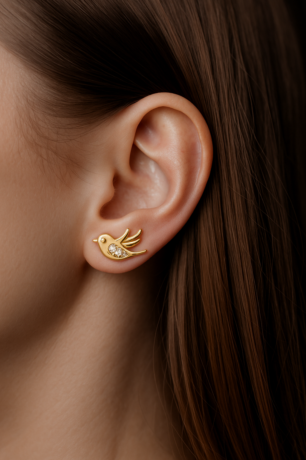 Bird Stud Earrings with Cubic Zirconia – 14K Gold Plated Copper