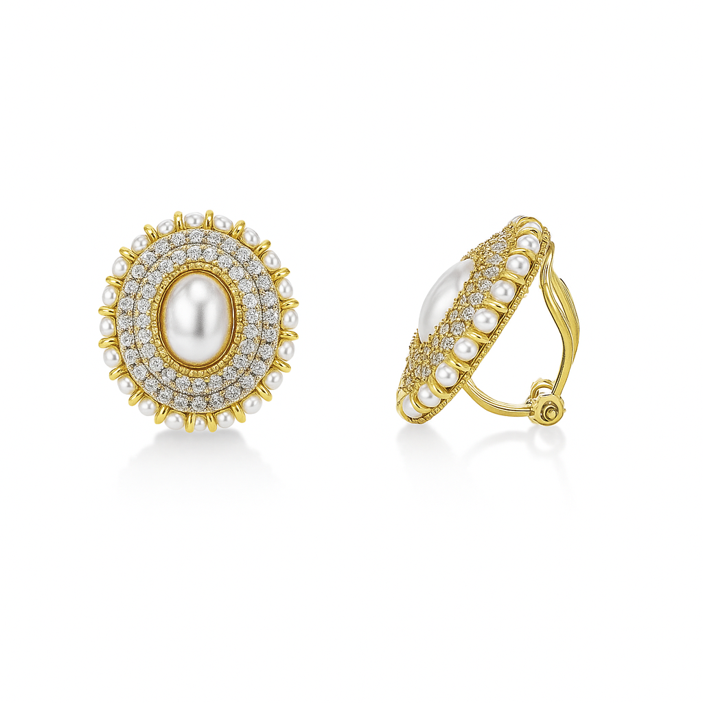 Gold Plated Oval Clip-On Earrings with Faux Pearl & CZ Accents