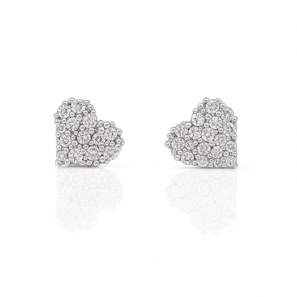 Rhodium Plated Heart-Shaped Stud Earrings with CZ Stones