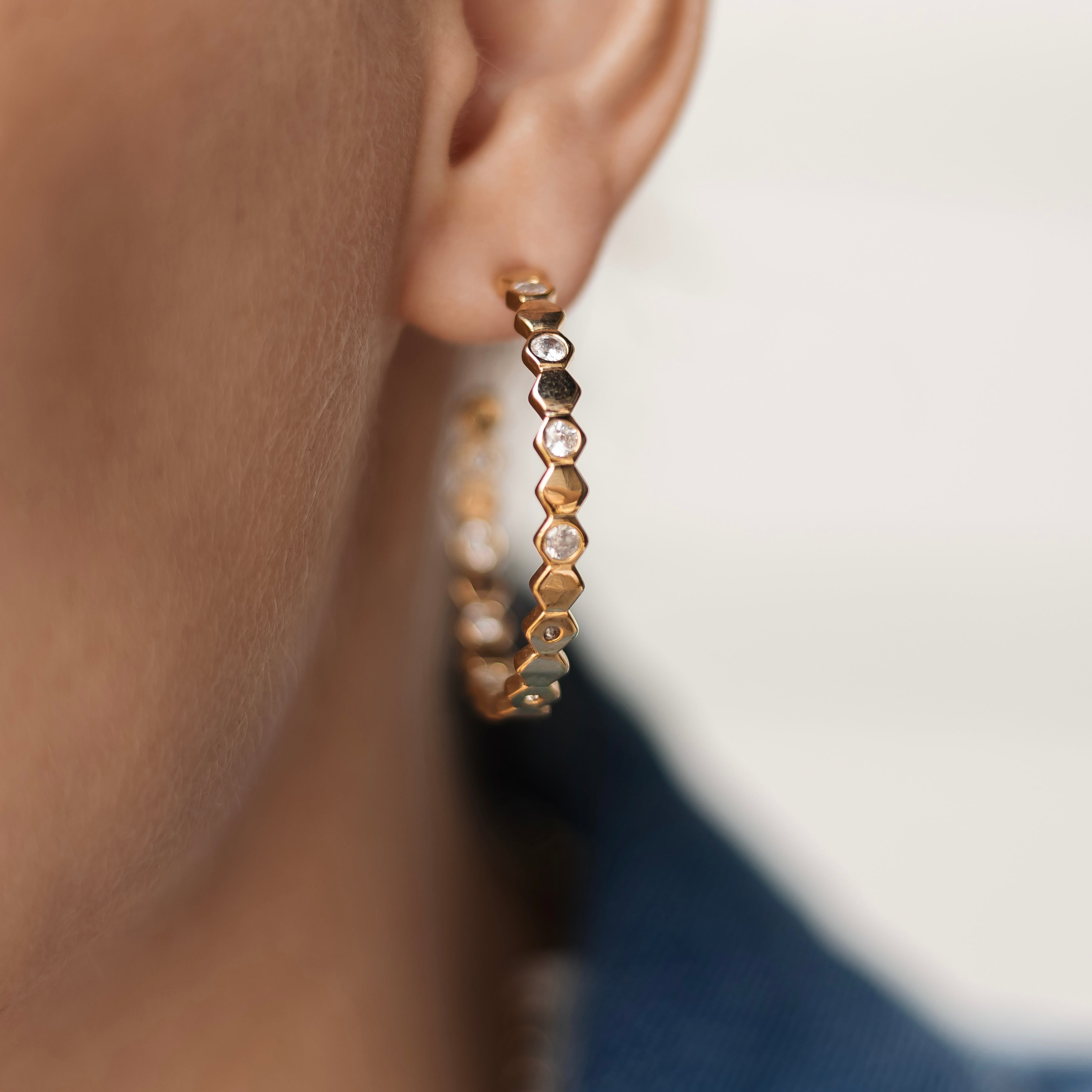 Gold Plated CZ Hoop Earrings, 4.5 cm, Sterling Silver Post