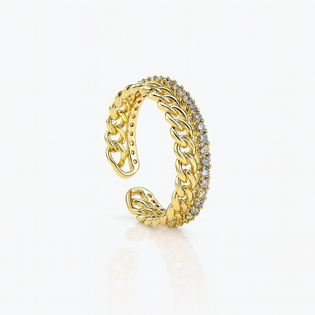 Gold Plated Chain Ring with CZ Stones, 4mm Width, Size 6/7