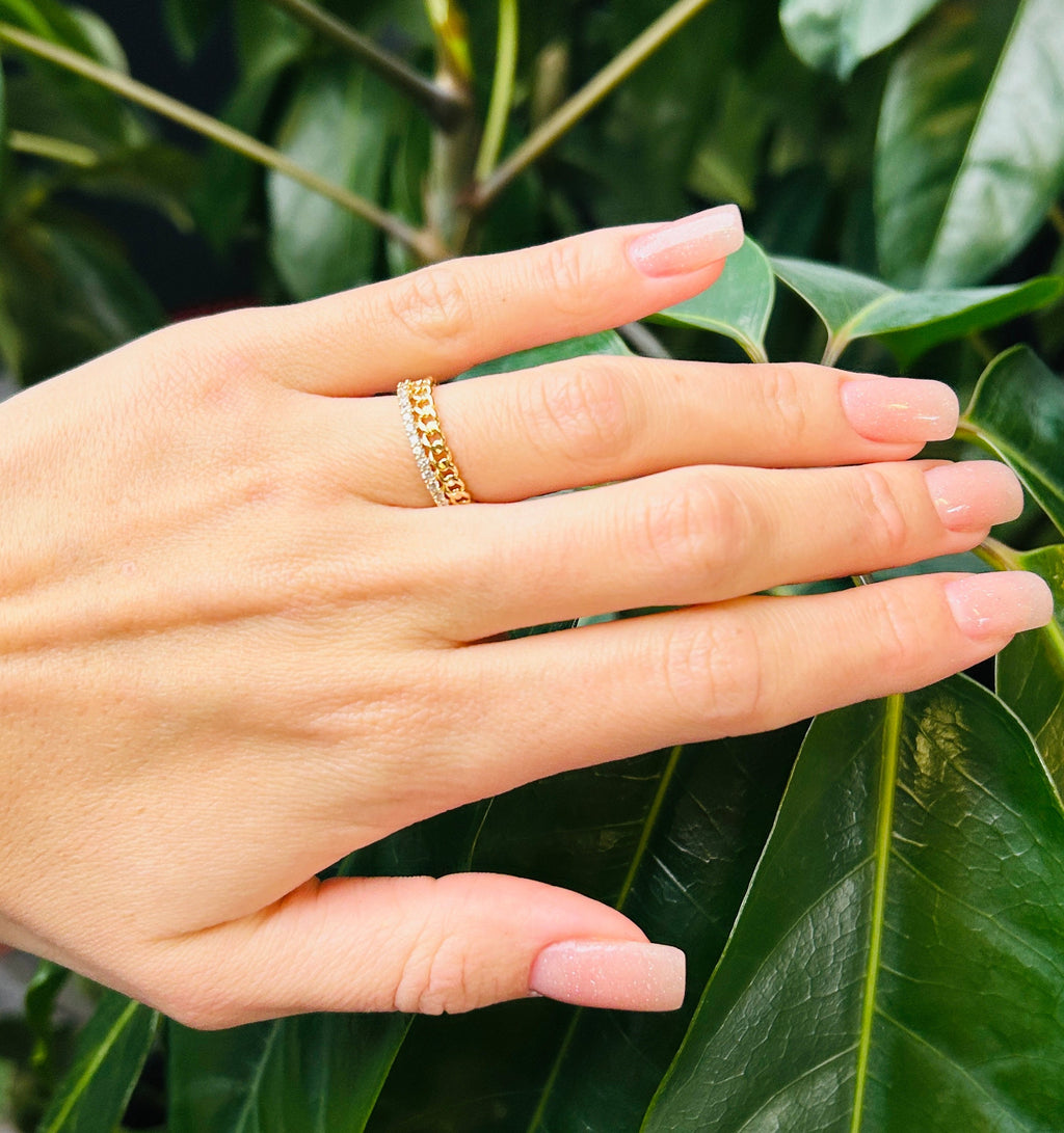 Gold Plated Chain Ring with CZ Stones, 4mm Width, Size 6/7