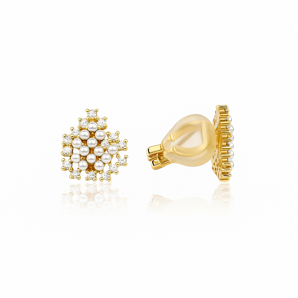 Gold Plated Heart Clip-On Earrings with CZ & Faux Pearls