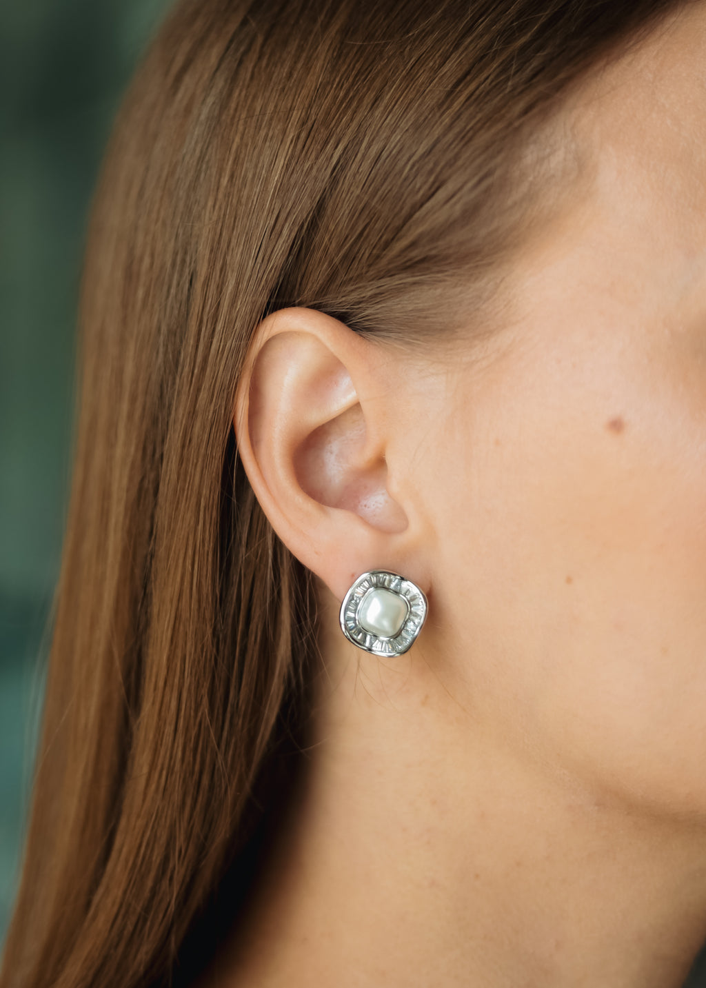 Rhodium Plated Pearl & CZ Stud Earrings – 1.5 cm Square Design by Sedy Jewelry
