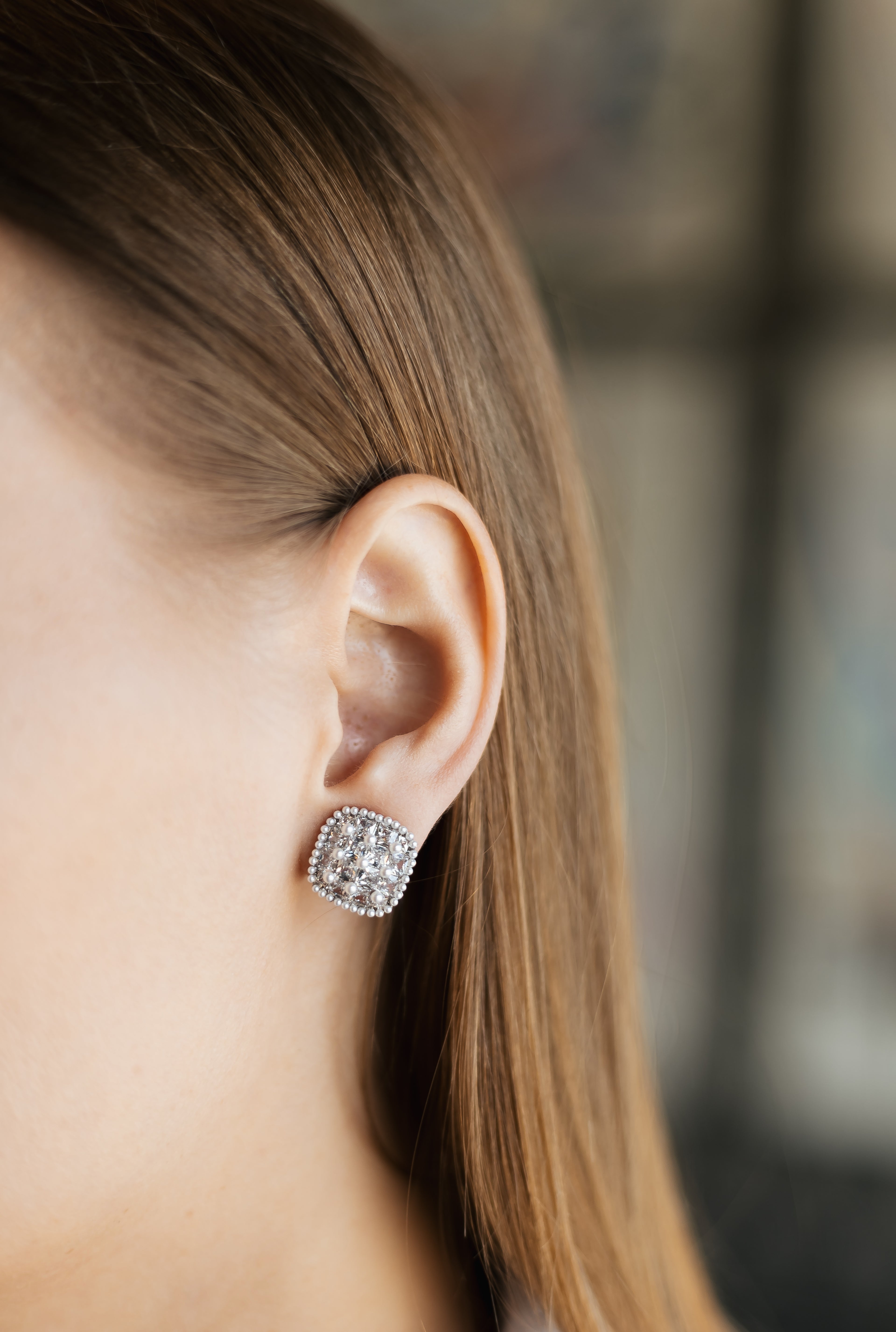 Rhodium Plated Clip-On Earrings with Pearls & CZ – 1.5 cm Square