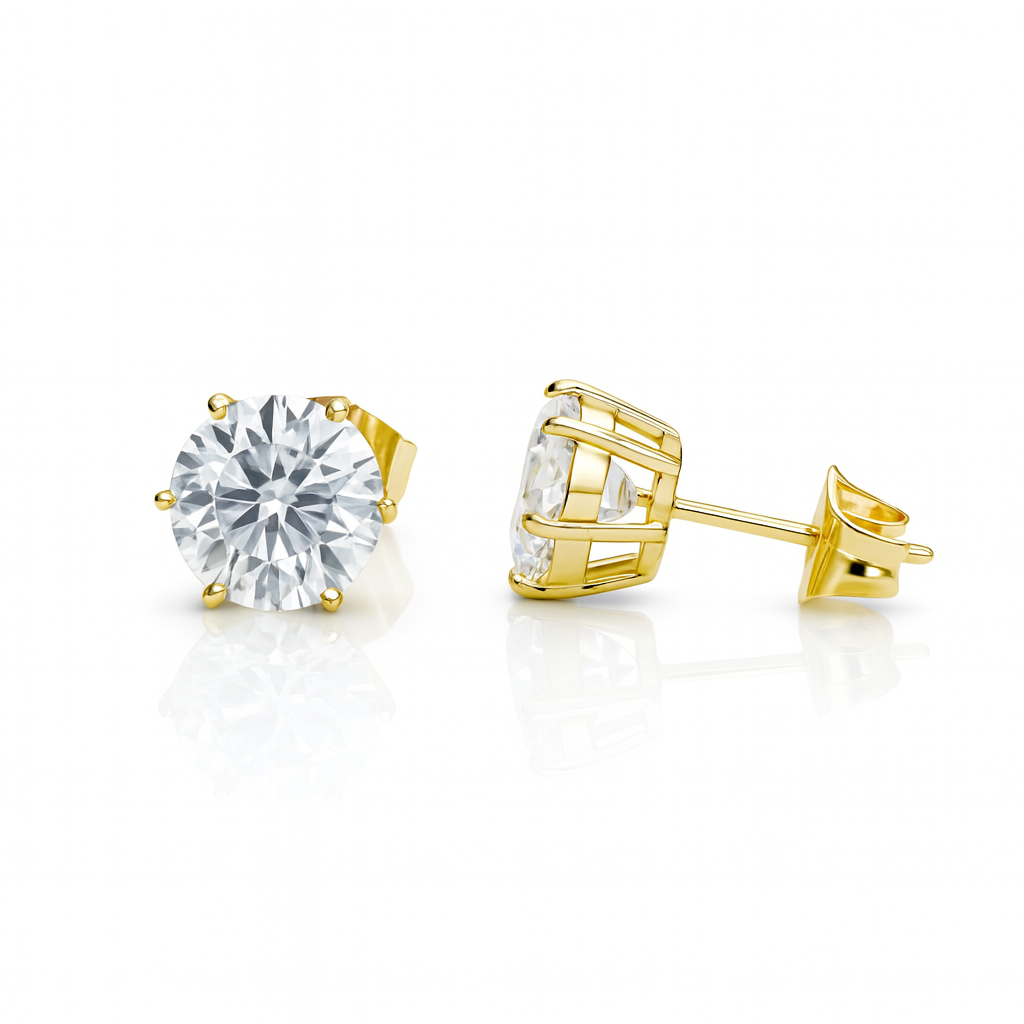 Gold Plated Round CZ Stud Earrings, 8mm, Hypoallergenic Post