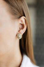 Gold Plated Oval Clip-On Earrings with Faux Pearl & CZ Accents