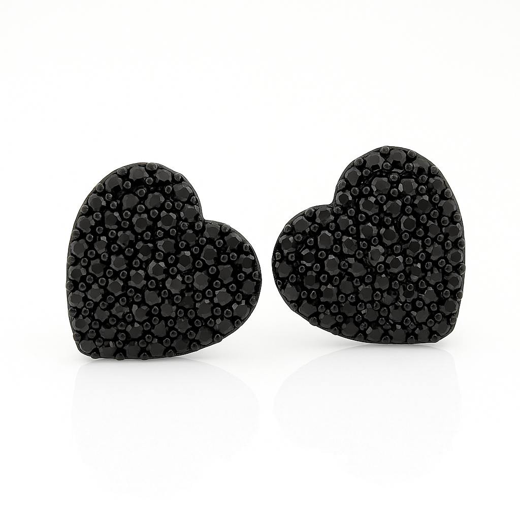 Black Heart Stud Earrings, 1cm (0.39”), Black Crystal Pave, Rhodium Plated