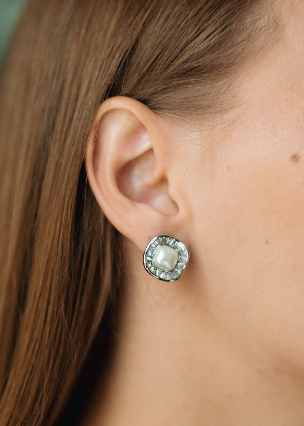 Rhodium Plated Pearl & CZ Stud Earrings – 1.5 cm Square Design by Sedy Jewelry