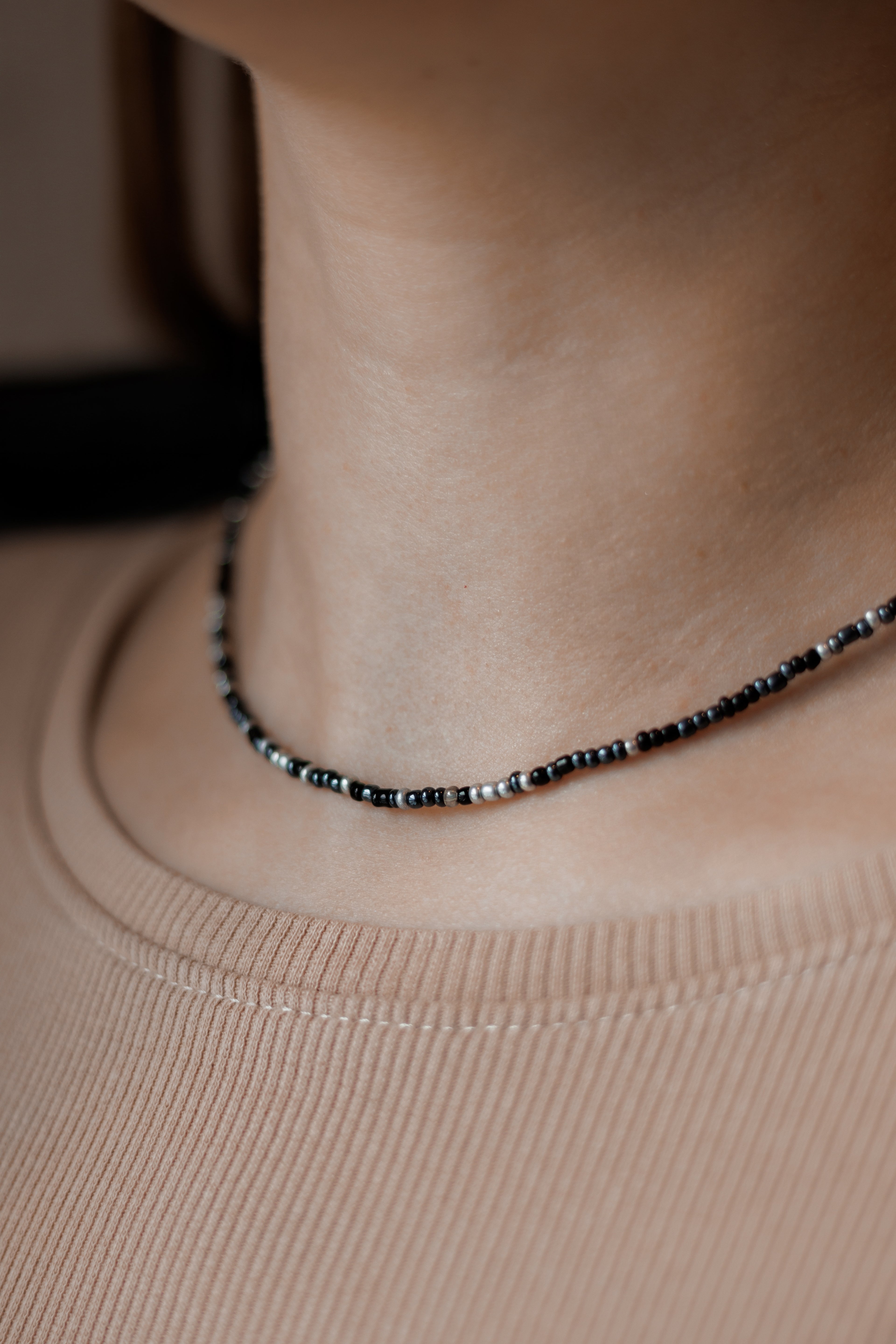 Unisex Black Beaded Necklace, Stainless Steel Clasp, 40+5cm