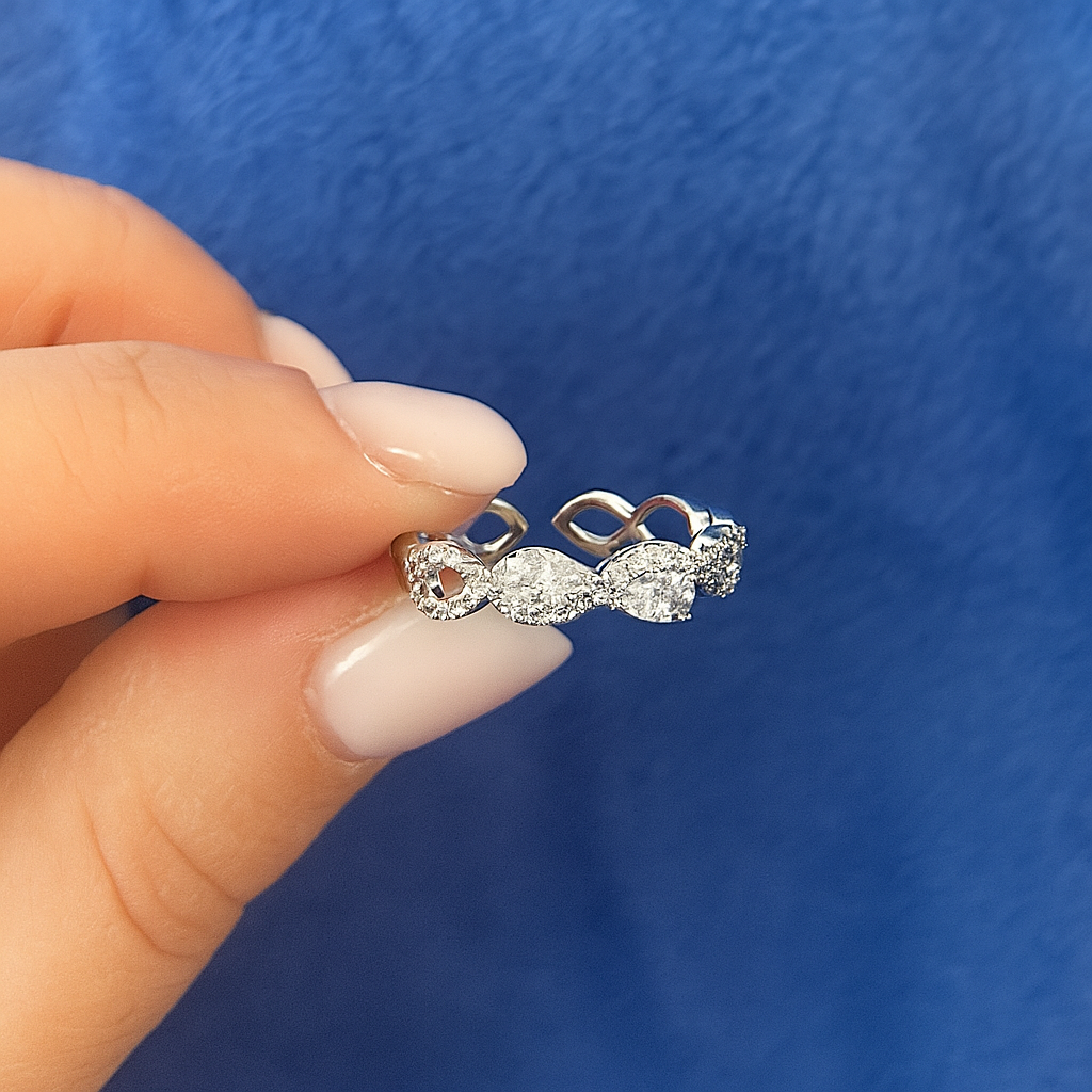 Rhodium Plated Infinity Ring with CZ – Adjustable Size 7–8