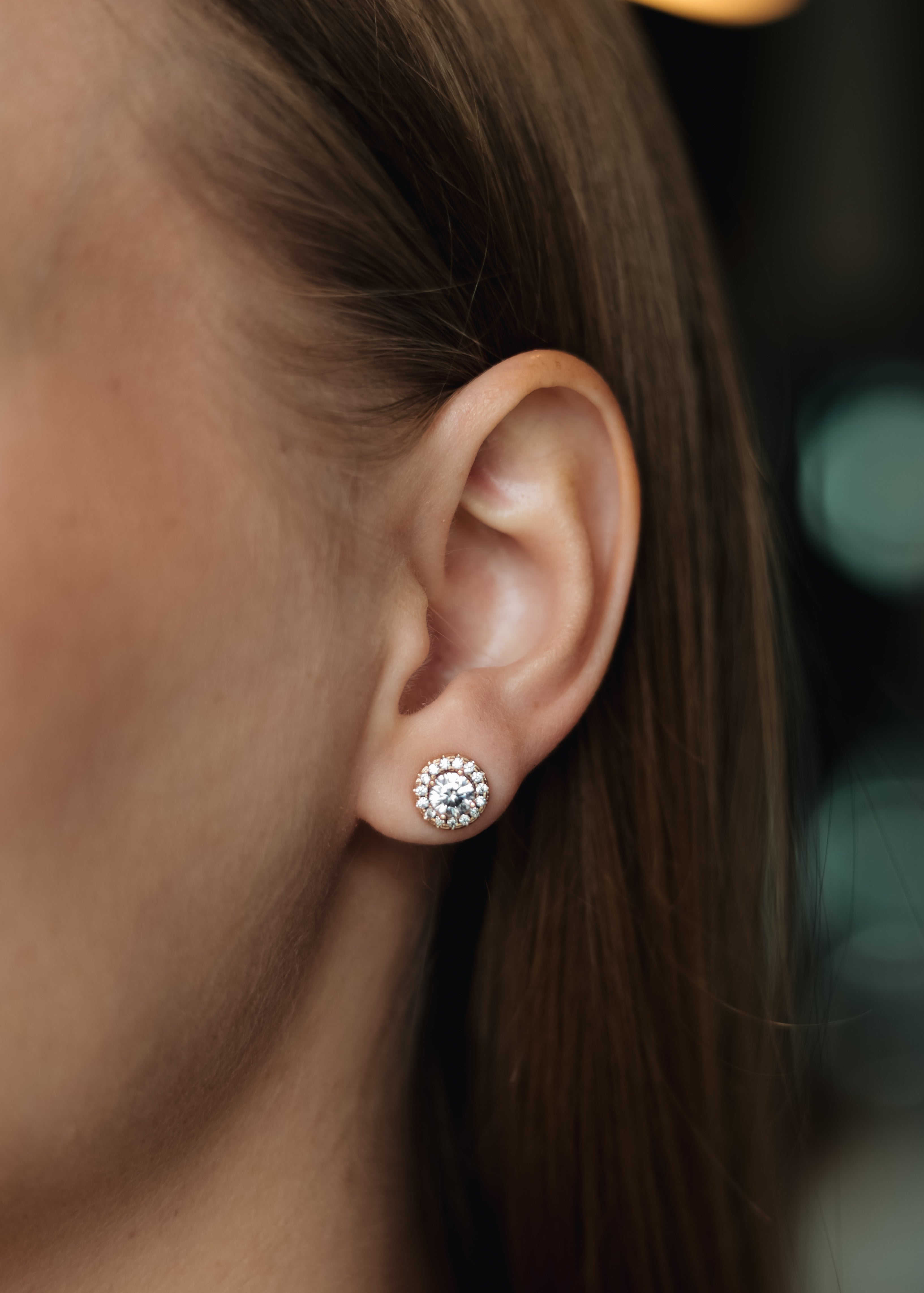 Halo Stud Earrings 8mm with Cubic Zirconia, Rose Gold Plated