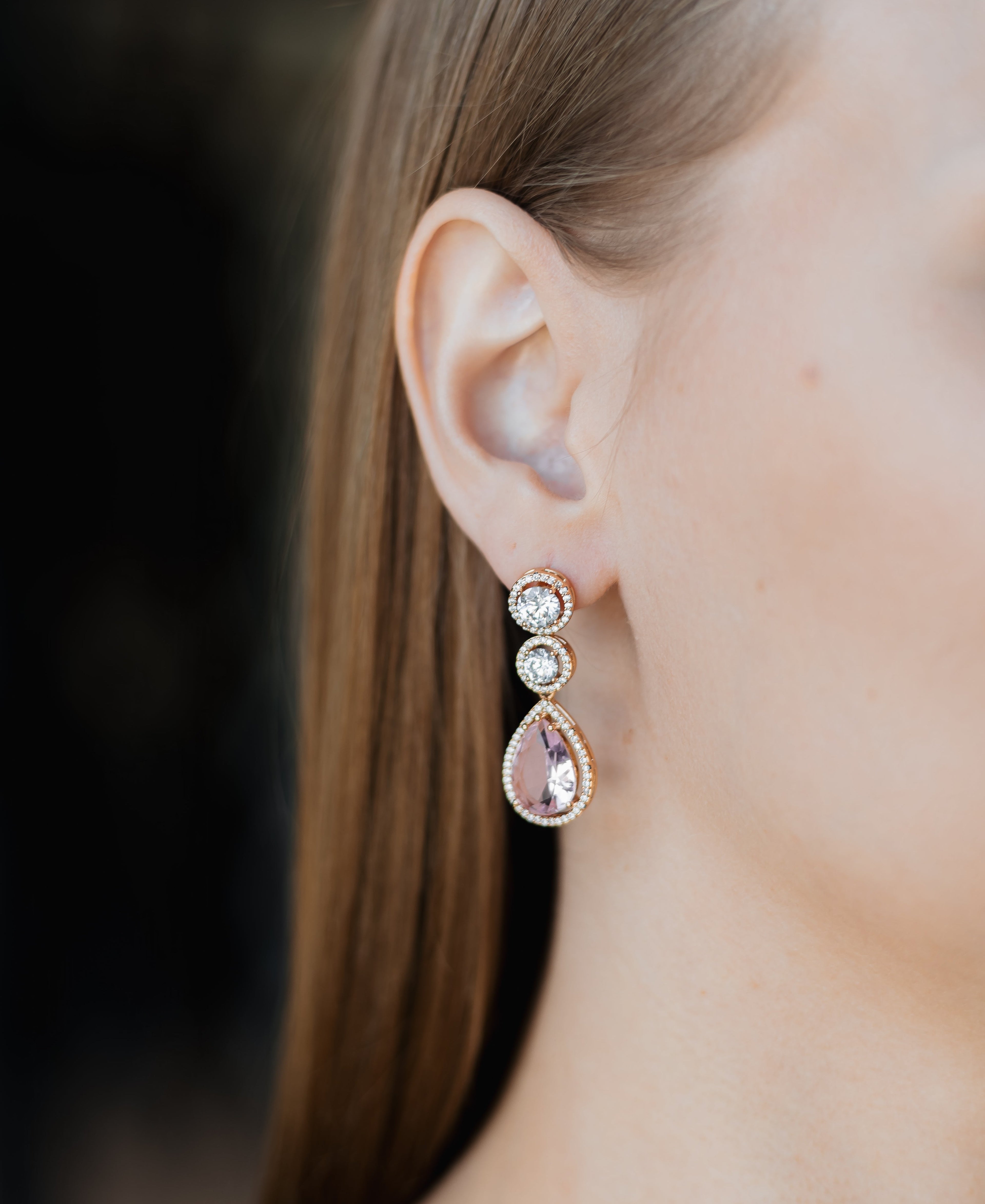 Gold Plated Drop Earrings with Pink Crystal & CZ – Dangle Design