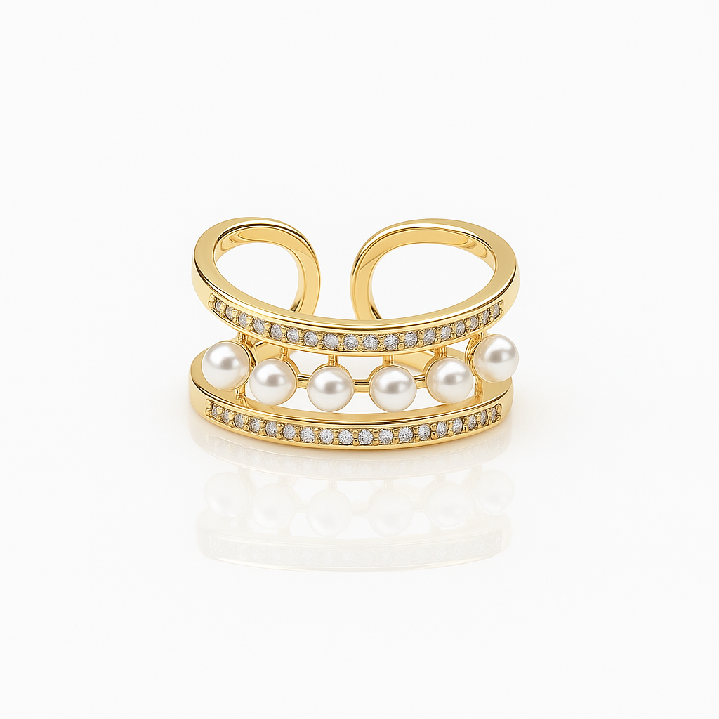 Gold Plated Pearl Double Band Ring – Size 5–6