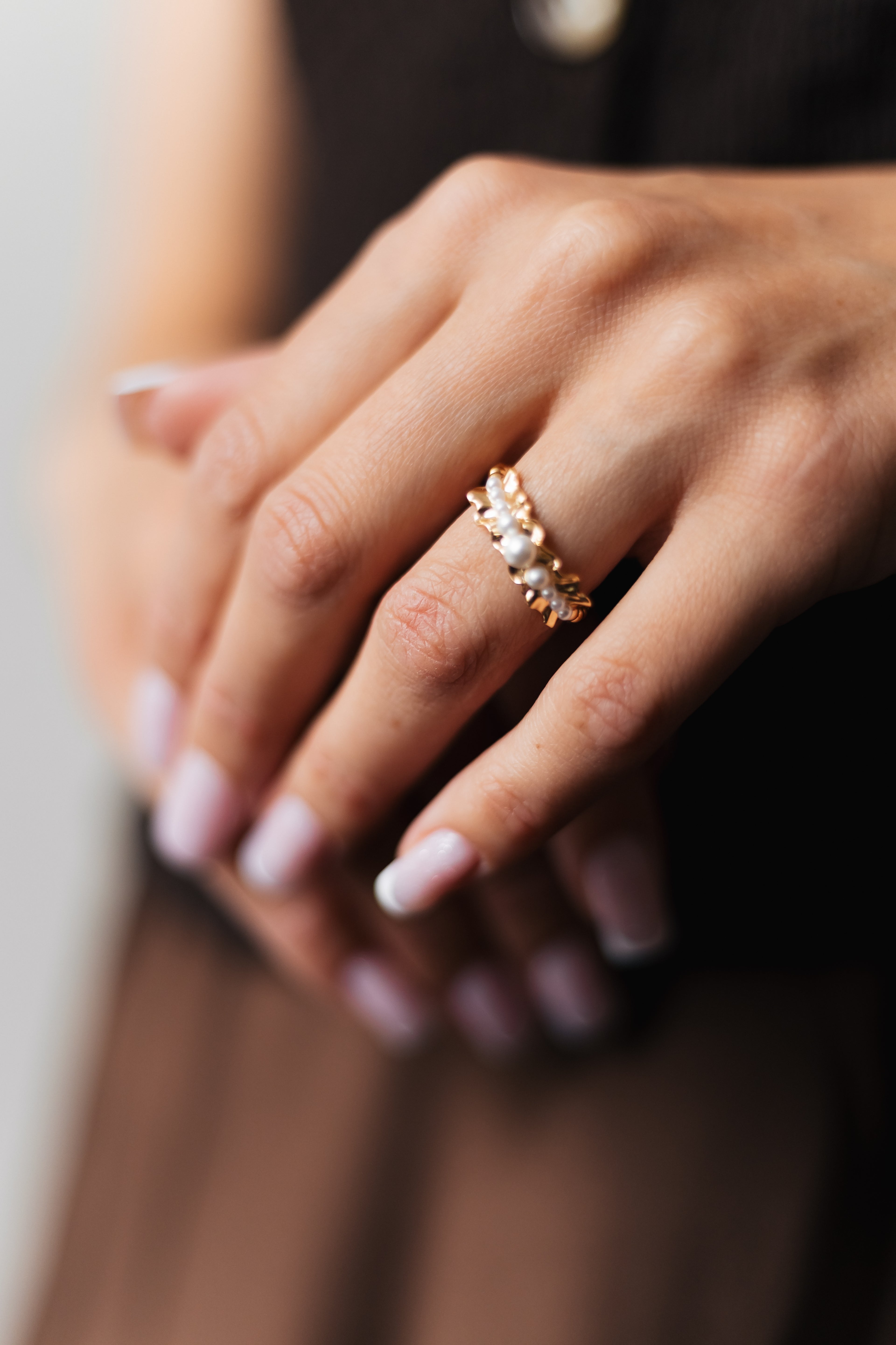 14K Gold Plated Adjustable Ring with Synthetic Pearls – Sizes 6-8