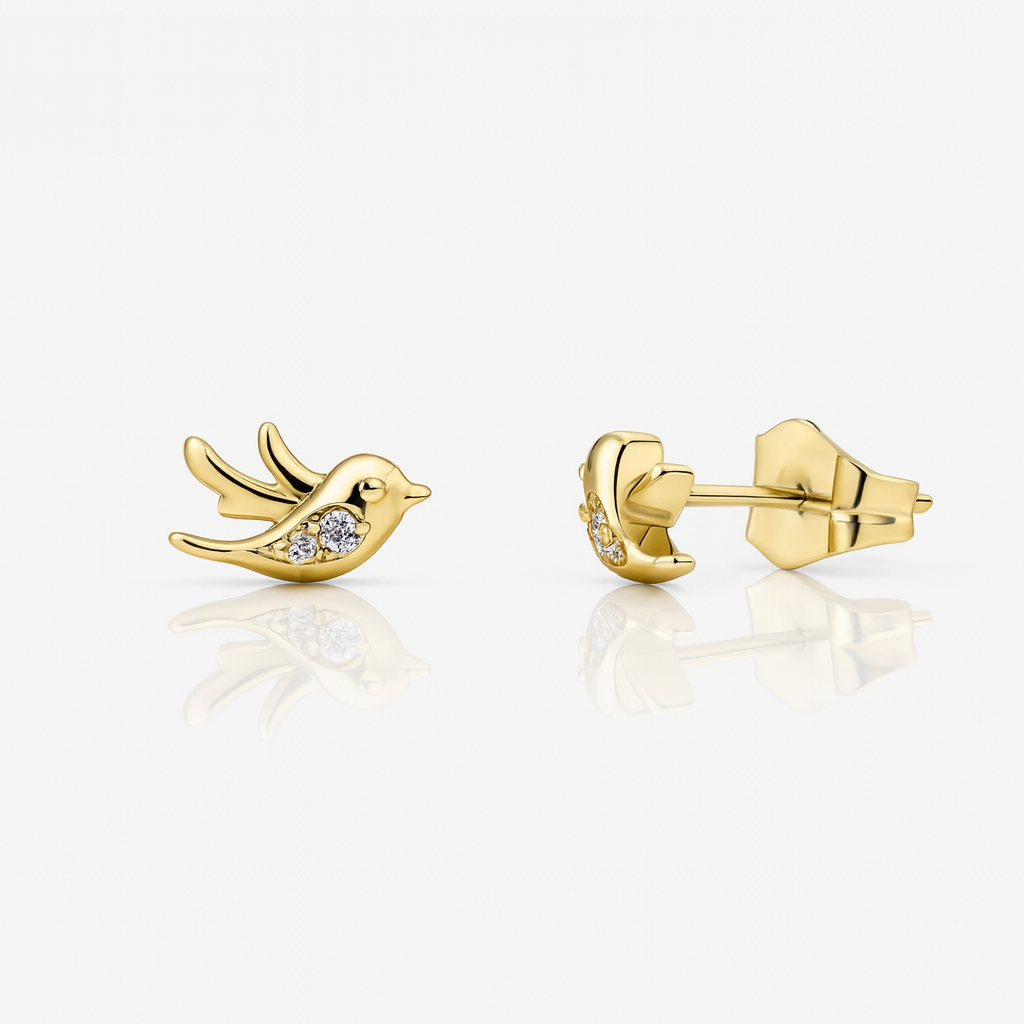 Bird Stud Earrings with Cubic Zirconia – 14K Gold Plated Copper