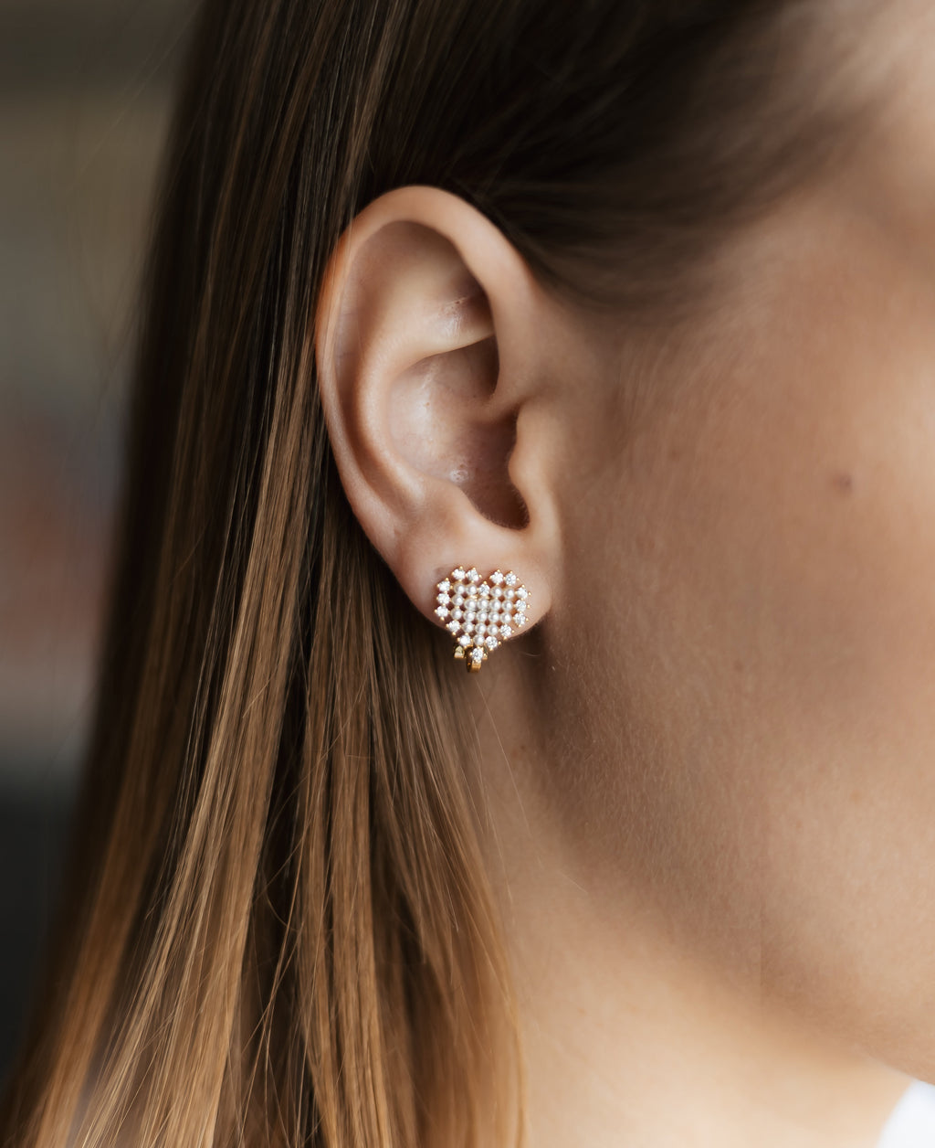 Gold Plated Heart Clip-On Earrings with CZ & Faux Pearls