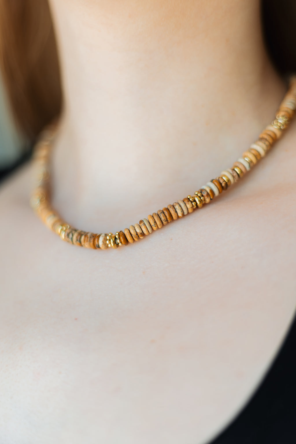 Natural Stone Beaded Necklace with Gold Plated Stainless Steel Accents