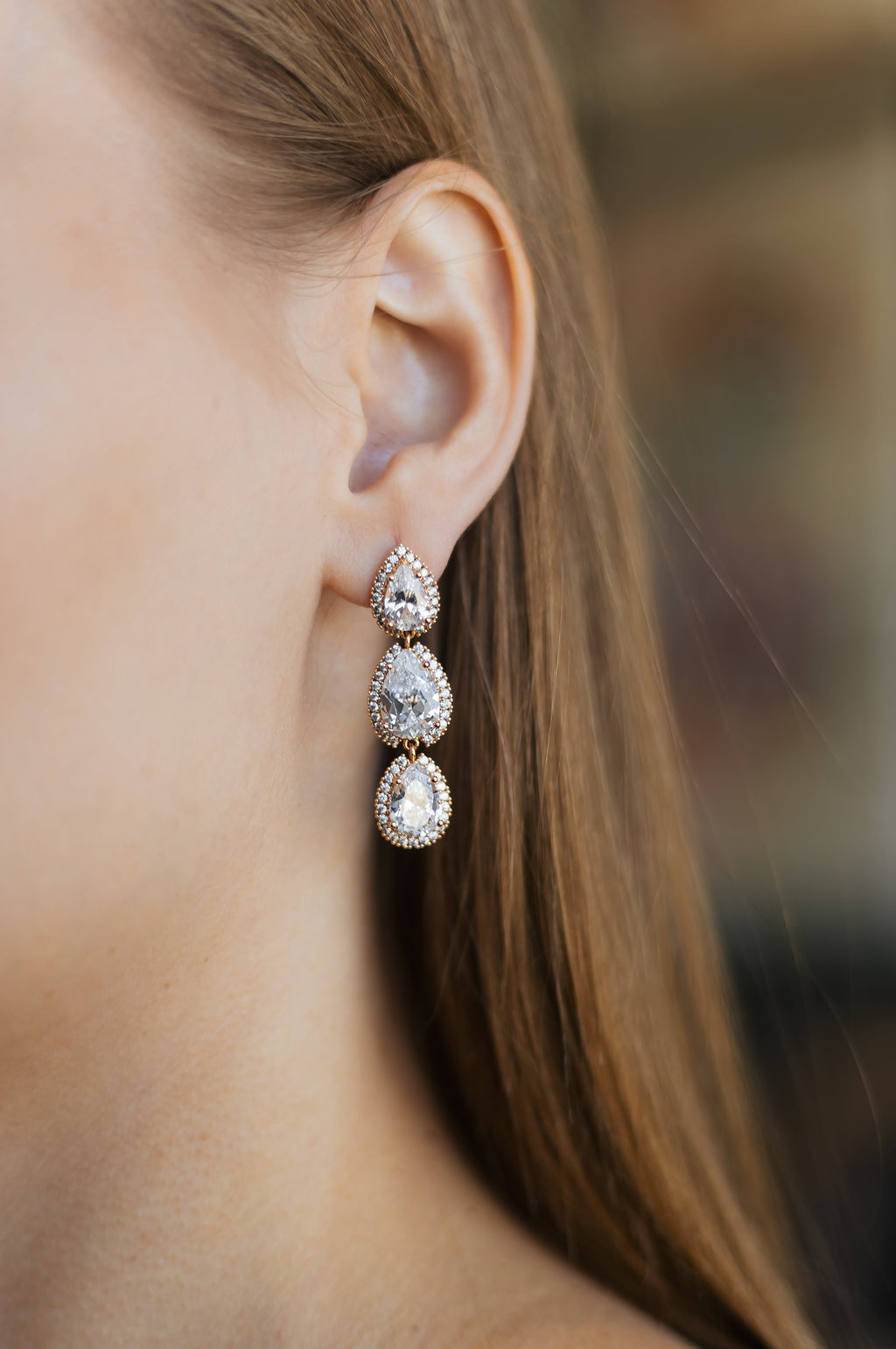Luxury Drop Earrings, Rose Gold Plated, Clear CZ Stones