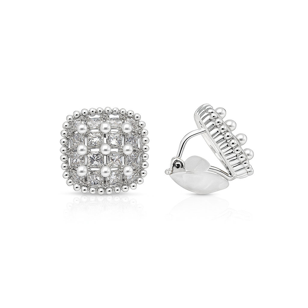 Rhodium Plated Clip-On Earrings with Pearls & CZ – 1.5 cm Square