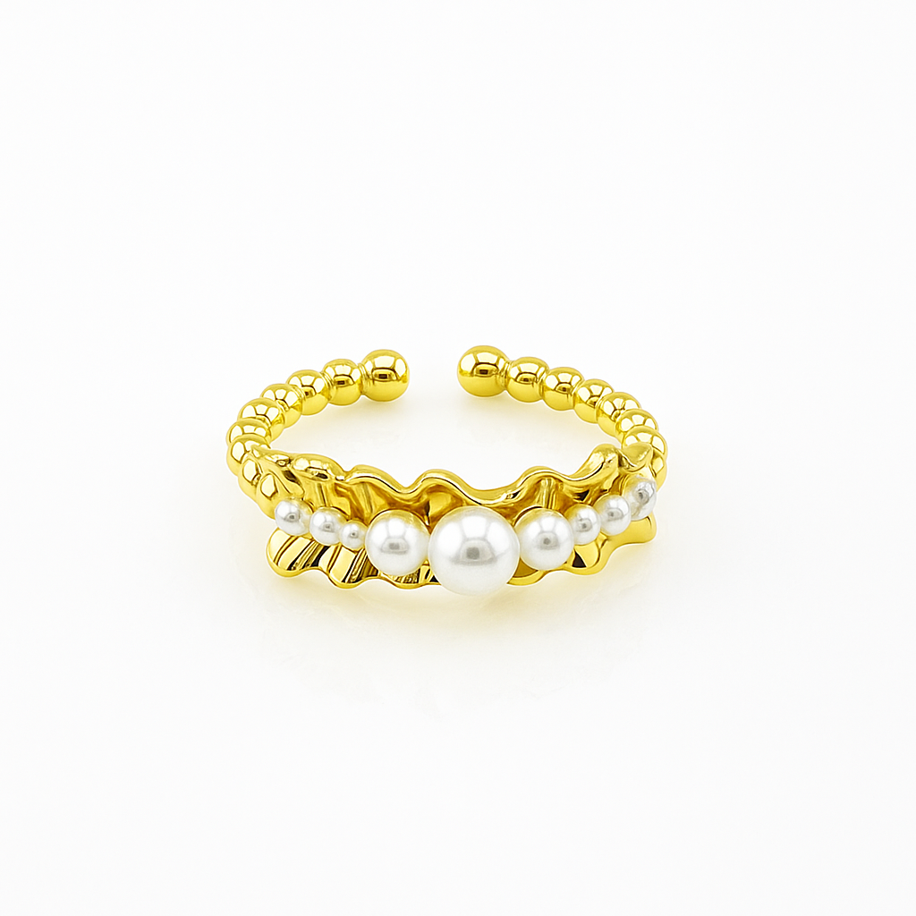 14K Gold Plated Adjustable Ring with Synthetic Pearls – Sizes 6-8