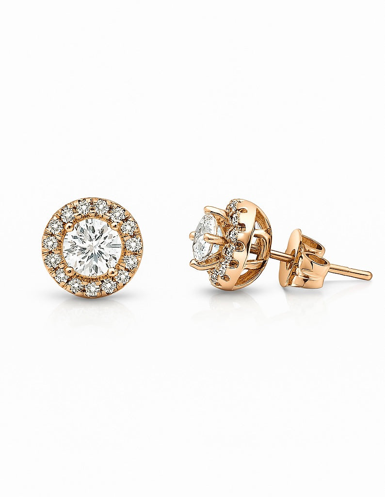 Halo Stud Earrings 8mm with Cubic Zirconia, Rose Gold Plated