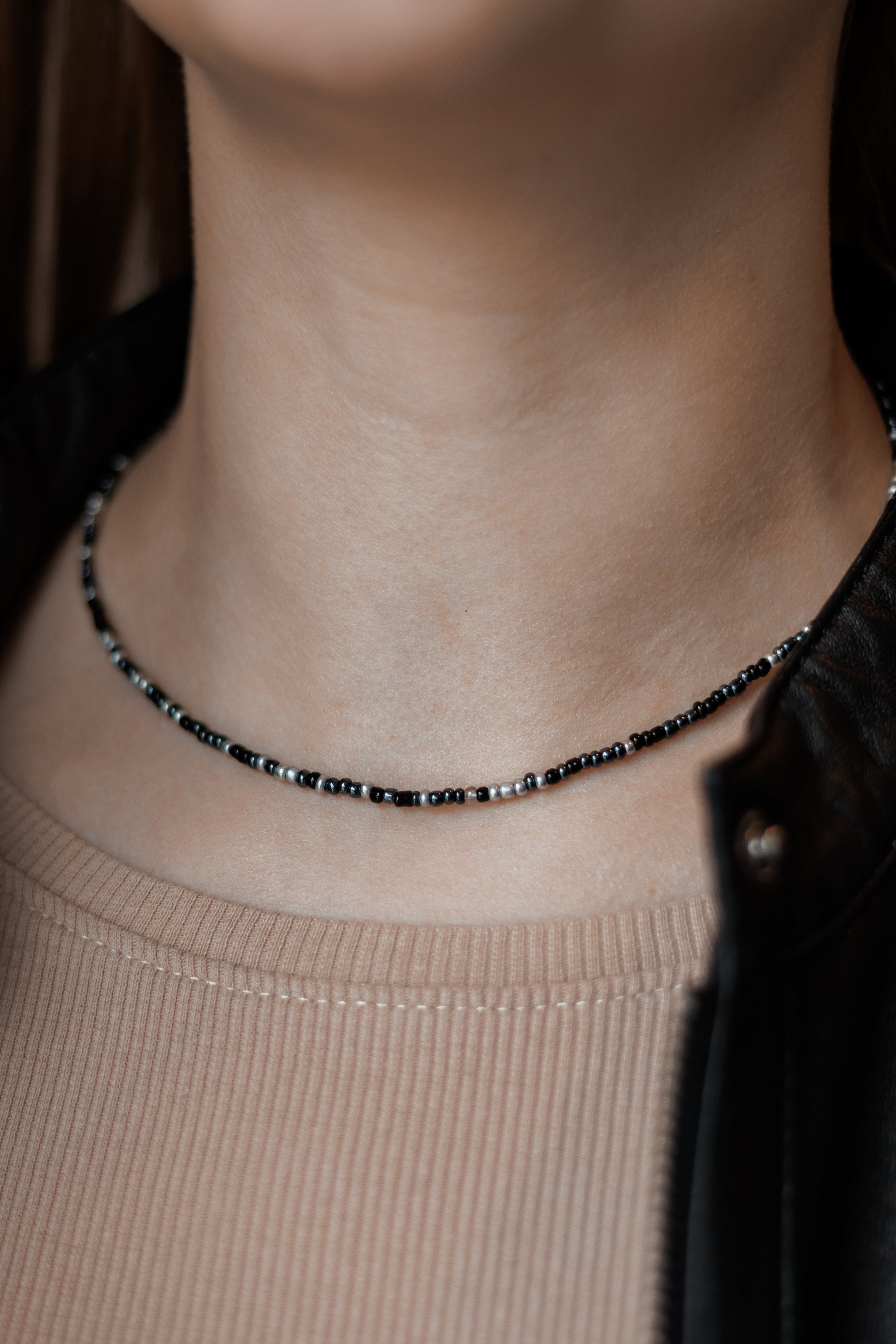 Unisex Black Beaded Necklace, Stainless Steel Clasp, 40+5cm